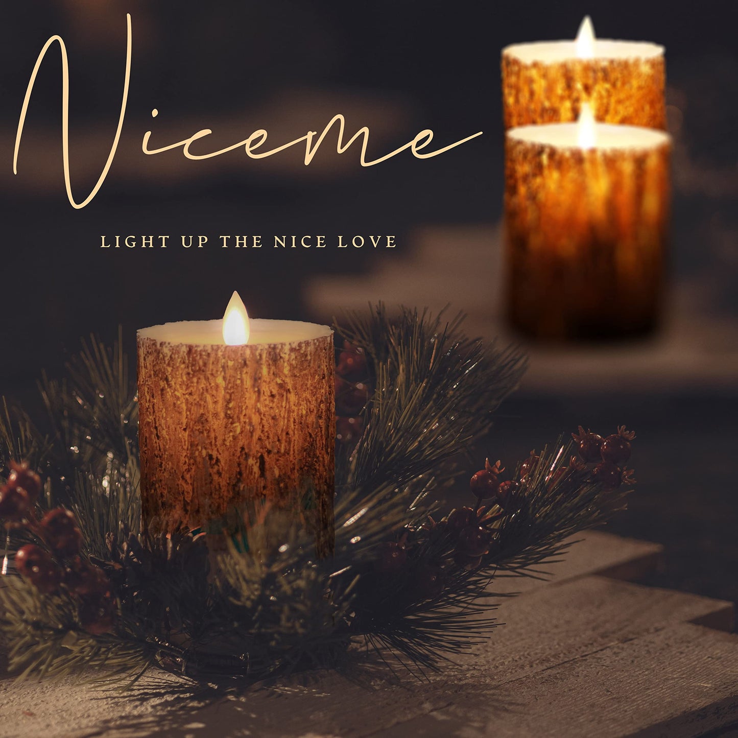 NICEME LED Pine Bark Flameless Candles Set of 3 with Remote Timer Real Wax Battery Operated Candles Flickering Moving Wick Electric Decorative Pillar Bark Candles