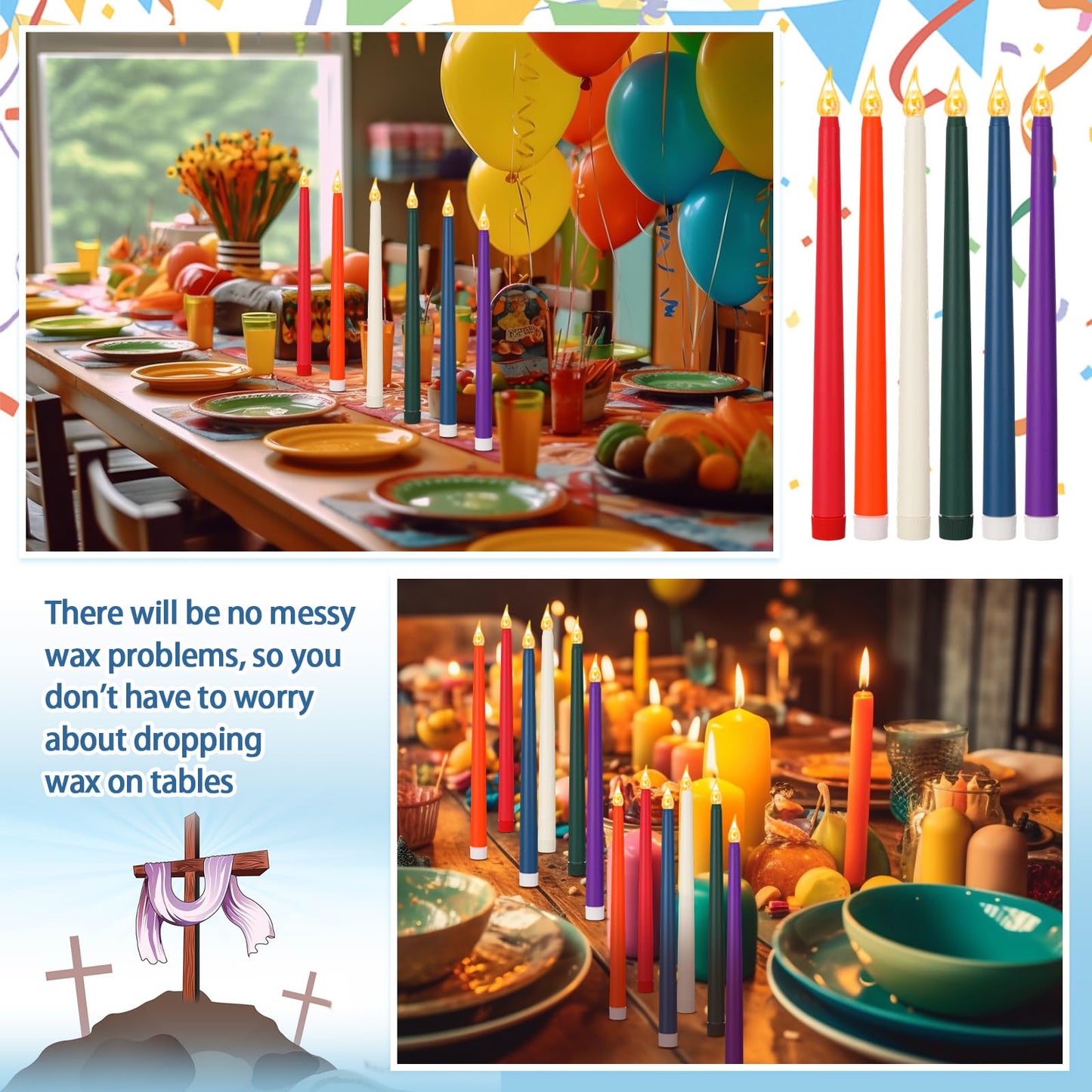 CHENGU 12 Pcs LED Taper Candles Flameless Battery Dripless Dinner Candles for Thanksgiving Day, Weddings, Church, Hanukkah, Christmas, Autumn, New Year Celebration(Multicolor,Taper)