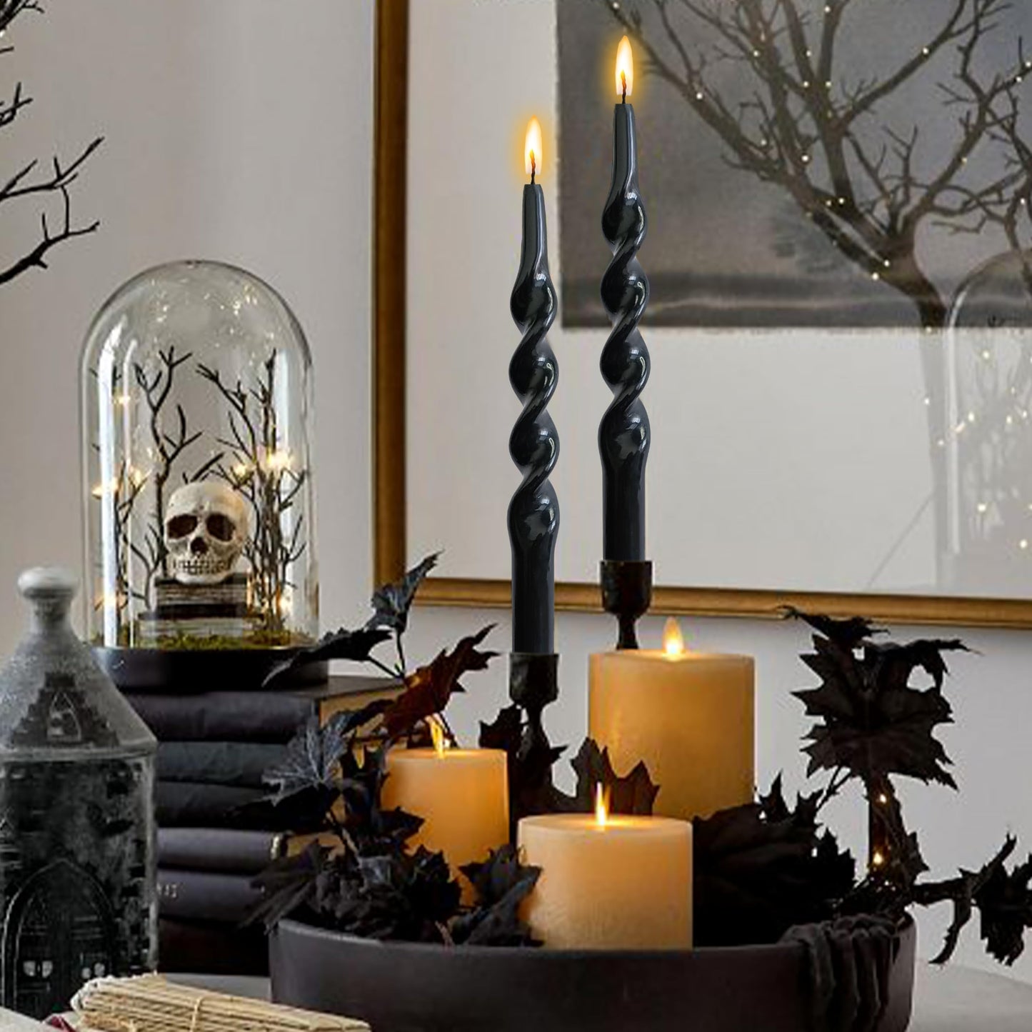 Black Taper Candles 10 Inch Twisted Taper Candle 4 Pack Halloween Candle Sticks Dripless Unscented Candles Stick for Wiccan Rituals Funeral and Memorial Services Wedding Home Party Decor