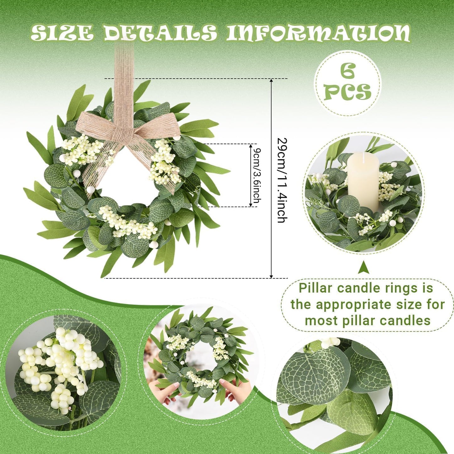 6 Pcs Green Artificial Eucalyptus Candle Rings Wreaths Mini Green Summer Kitchen Cabinet Wreath Table Centerpieces with White Berry for Pillars Farmhouse Porch Front Door Wedding Decor
