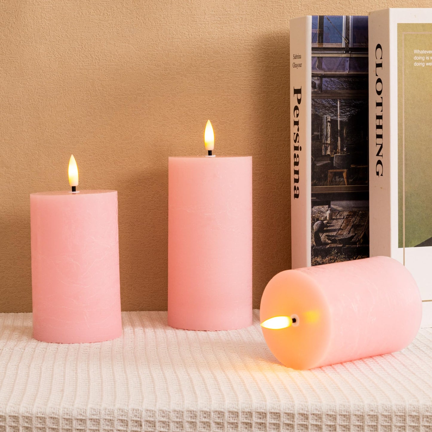 AFINETH Pink Flameless Pillar Candles, Real Wax Battery Operated Candles with Remote, Flat Top Flickering Flameless Candles, LED Candles for Home Party Wedding Romantic Night Decor, Set of 3