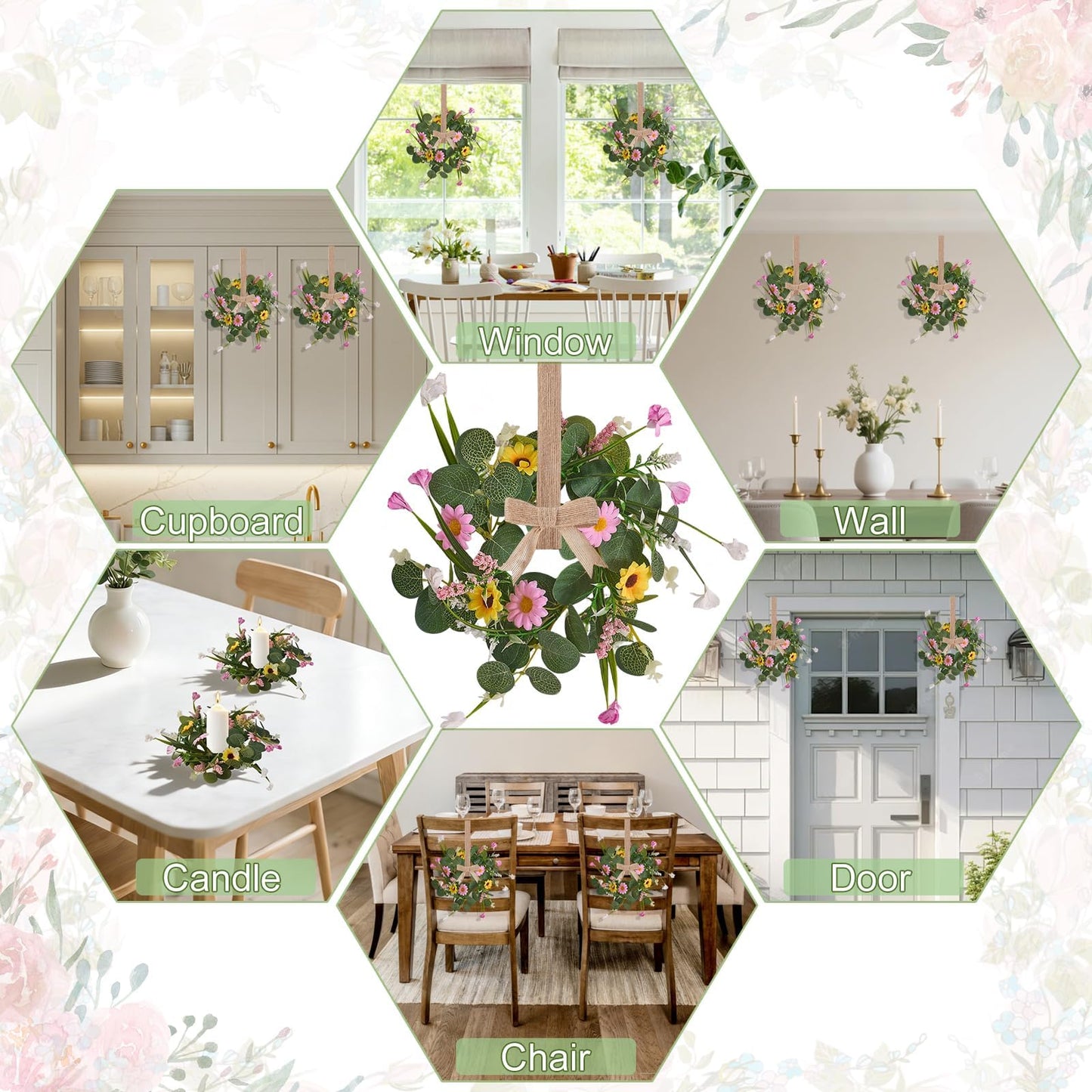 Spring Summer Wreath 4Pcs, 11.8 Inch Summer Wreath with Ribbon, Artificial Daisy Eucalyptus Leaves Grass Wreath, Hanging/Tabletop/Candle Ring Decor for Home Front Door, Porch, Wall, Window, Cabinets