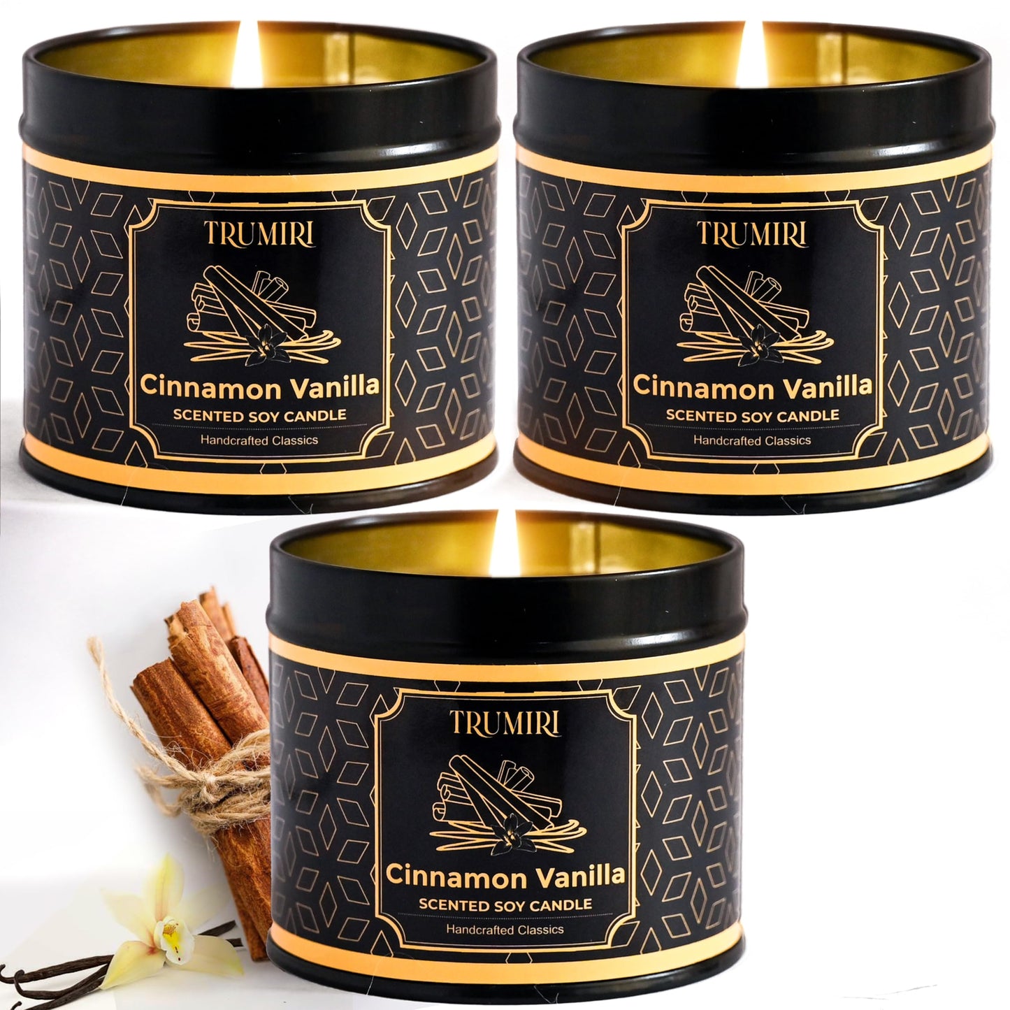 Vanilla Candle with Cinnamon Strong Scented Soy Candel Clean Non Toxic Velas Aromáticas for Women Gift for Fall Christmas Holidays Pack of 3 5Oz Decorative Tin Jars with Lids