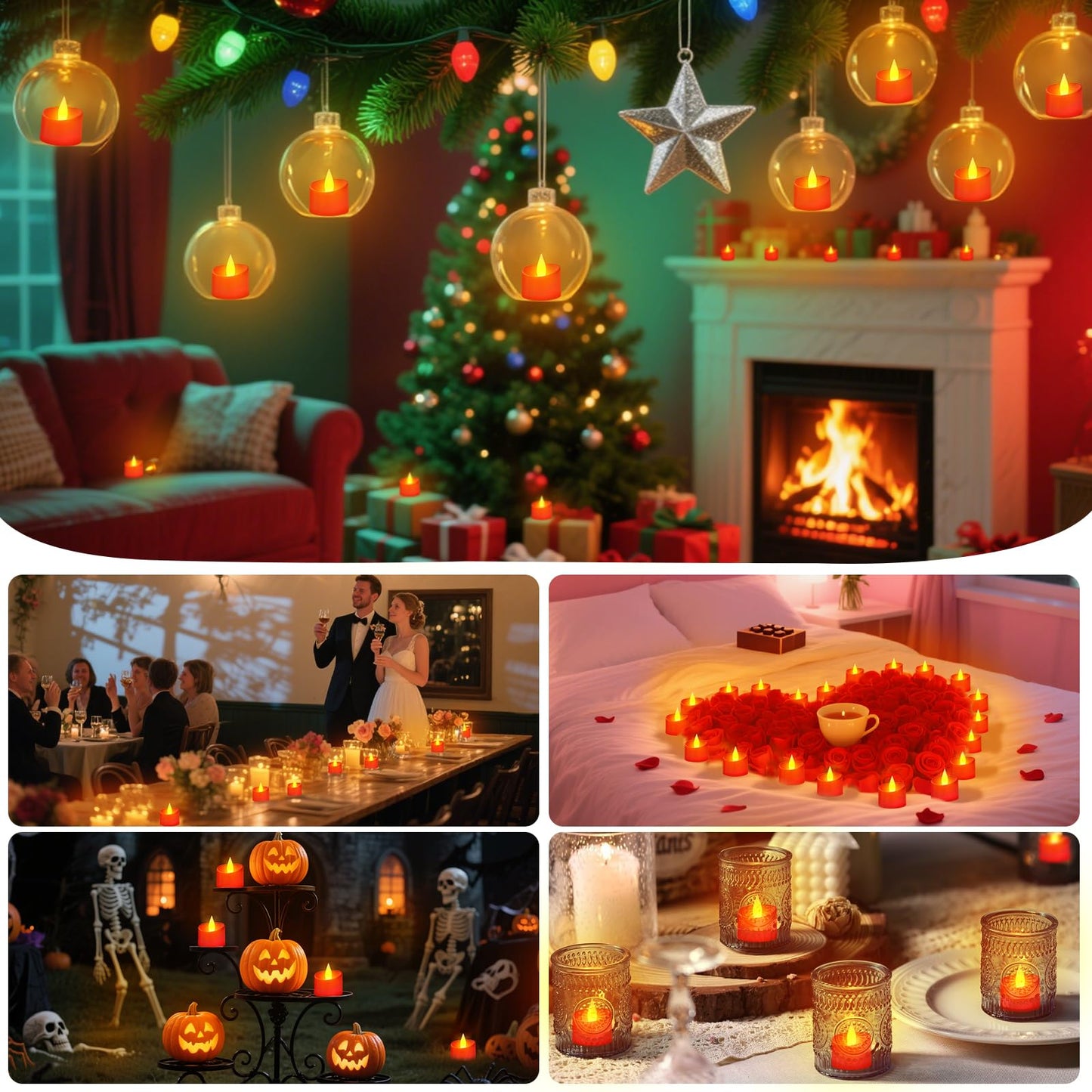 Haown 50 Pack Realistic Flameless LED Tea Lights with Red Base, Battery Operated Fake Candles with Flickering Moving Flame, Electric Votives for Valentine's Day, Wedding, Christmas, Romantic Decor