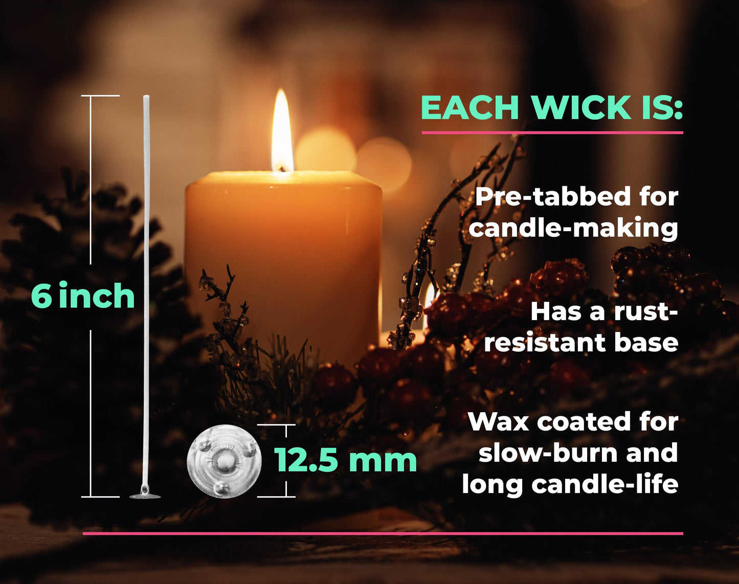 VViViD Candle Wicks, 120 pcs 6" Pre Waxed and Candle Wick Holders 25 pcs Bundle - M0