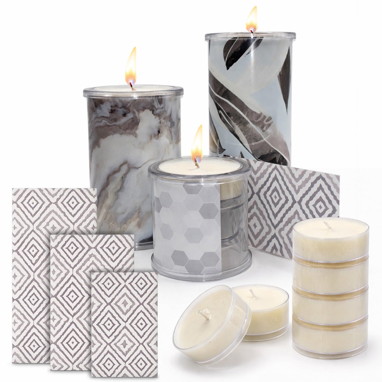 Decorative Candle Holder Set of 3, Table Centerpiece Candles for Home Decor, Reusable Pillar Candle Alternative with Interchangeable Wraps, Refillable Tea Light System, Giftable Holiday Decor Accent