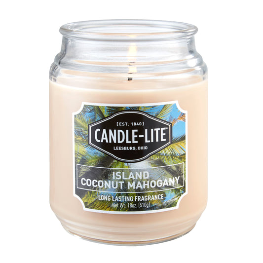 Candle-lite Scented Candles, Island Coconut Mahogany Fragrance, One 18 oz. Single-Wick Aromatherapy Candle with 110 Hours of Burn Time, White Color