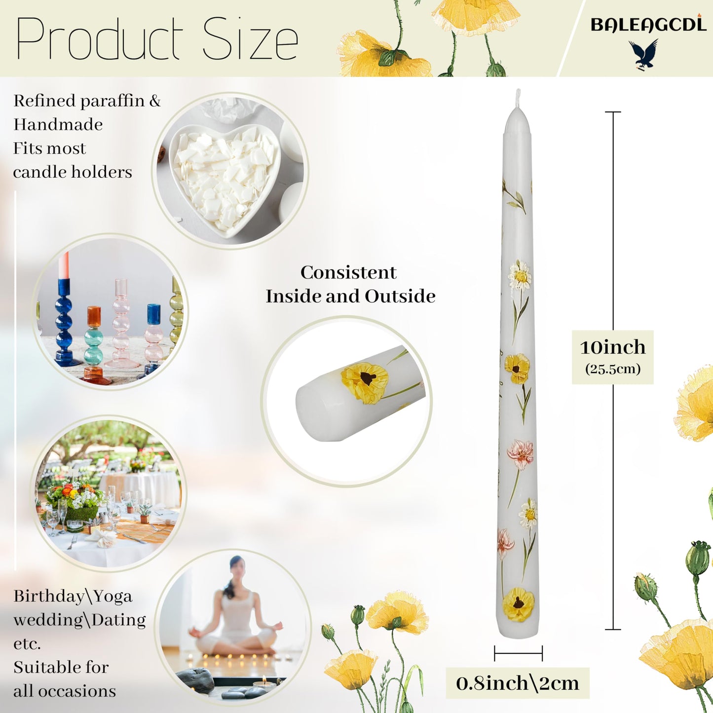 Floral Printed Taper Candle - Baleagcdl White with Poppy Flower Prints Candlesticks 10 Inch Handmade Drip Candle Sticks for Dinner Home Holiday Decor Gifts - Set of 2