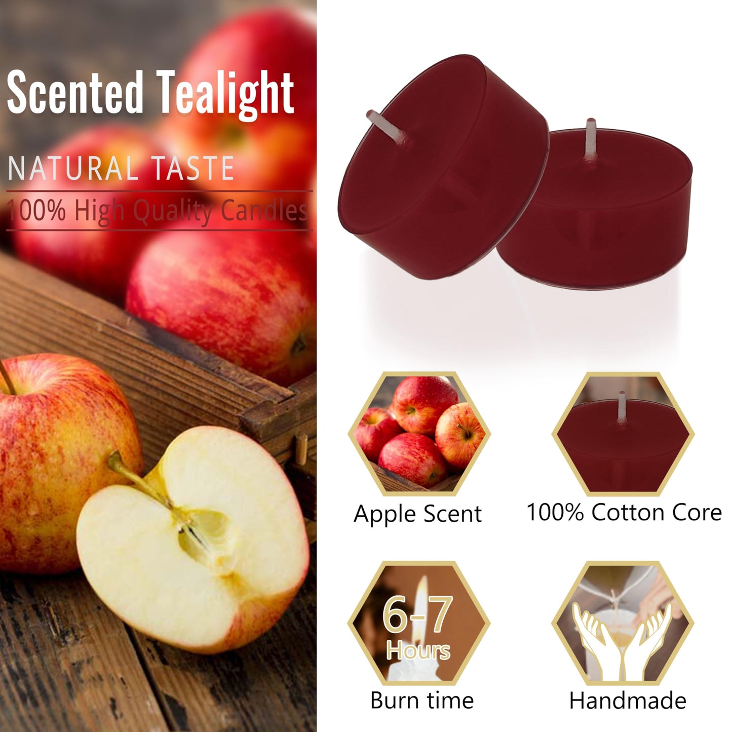 Red Tea Lights Candles Set of 24, Apple Scented Tealight Candles, 6-7 Hour Long Burning Handmade Tea Candles for Wedding Dinner Table Holiday Home Decor