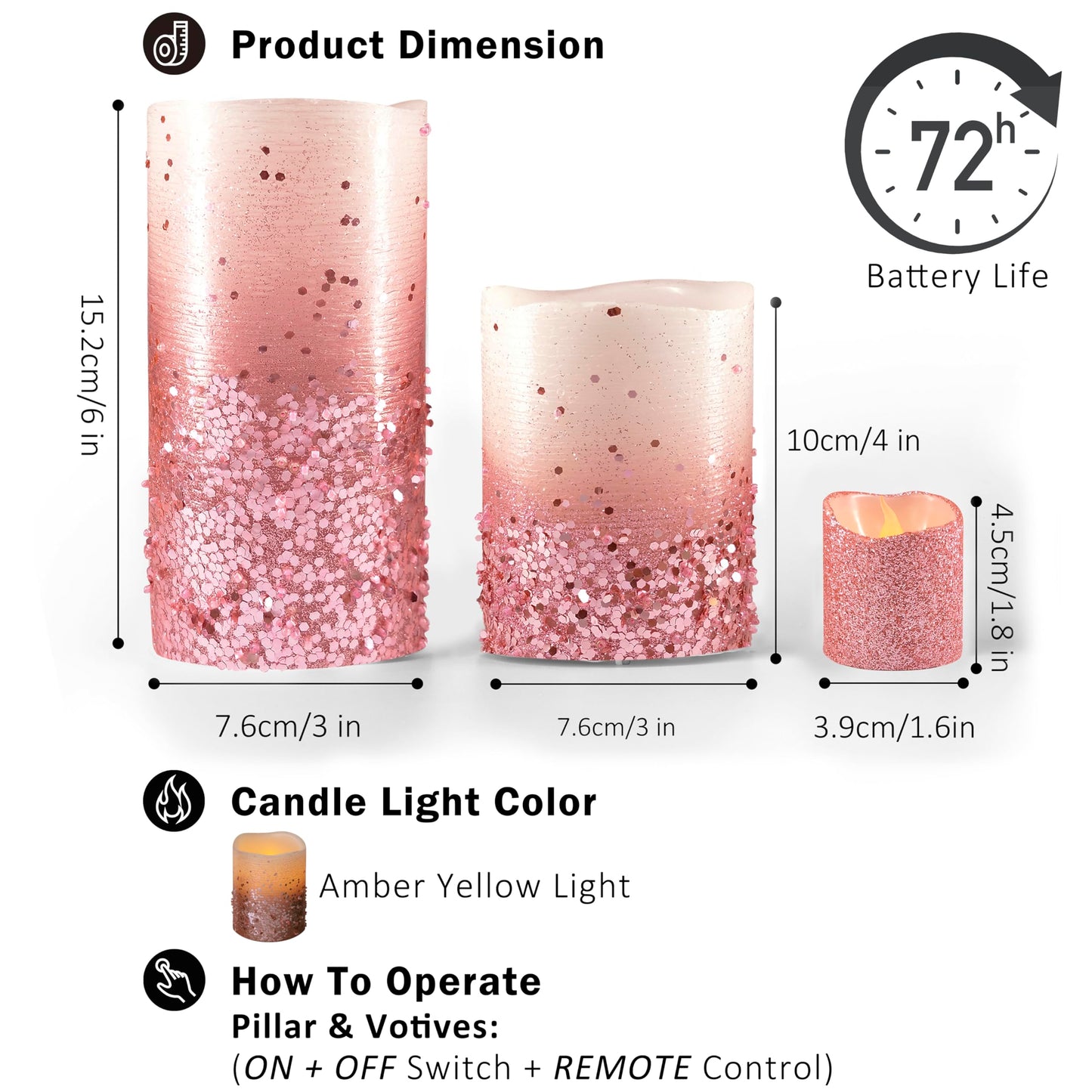 FURORA LIGHTING Pink Glitter Flameless Candles - Real Wax, Adjustable Brightness, Remote & Timer - 4 Pillars (3x4, 3x6) and 4 Votives, 8-Pack, Battery Operated
