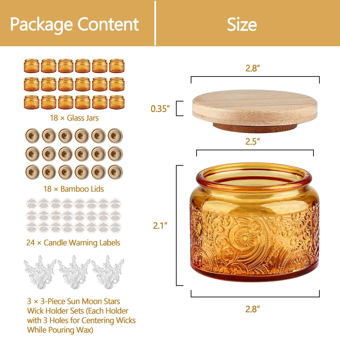 18-Pack 4oz Embossed Glass Candle Container with Bamboo Lids and Labels, Orange Candle Jars for Making Candles, Sun Moon Star Design