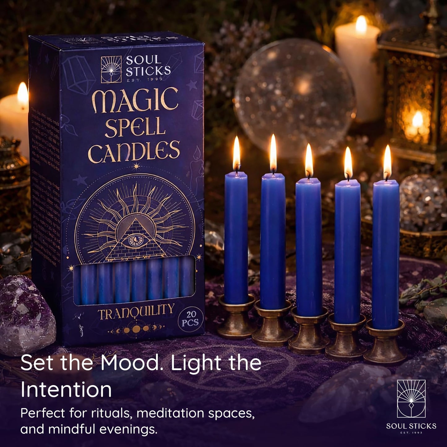 SOUL STICKS Tranquility Magic Spell Chime Taper Candles 20 Pack - Ideal for Altar, Rituals, Ceremonies, Meditation Blue Tapered Candle for Witchcraft Supplies, Wiccan Supplies, Candles Clearance