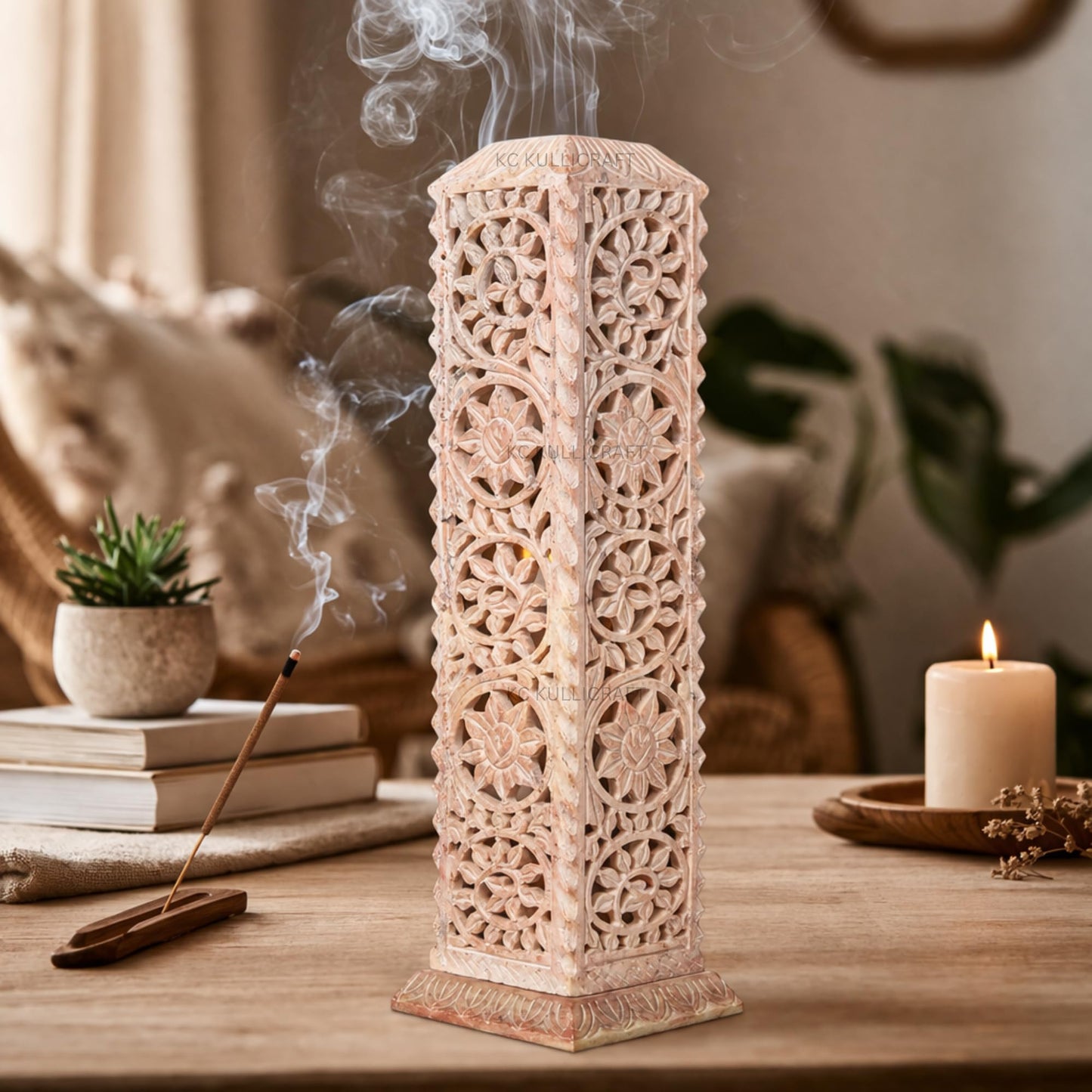 Carry Me Handmade Marble Soapstone Incense Stick Burner | Candle Stick Holder | Tea Light Stand - Floral Carving for Gifting. Decorative Incense Tower for Home and Office Decor. (3x3x11 Inches)