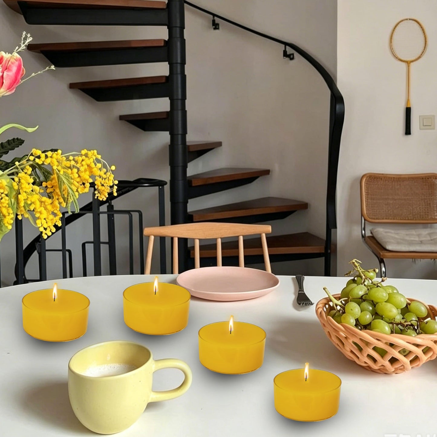 Yellow Candles Tea Lights Smokeless Lemon Scent Tealight Candles Handmade Tealights Set of 24 Long Burning for Wedding Meditation Dinner Home Decor