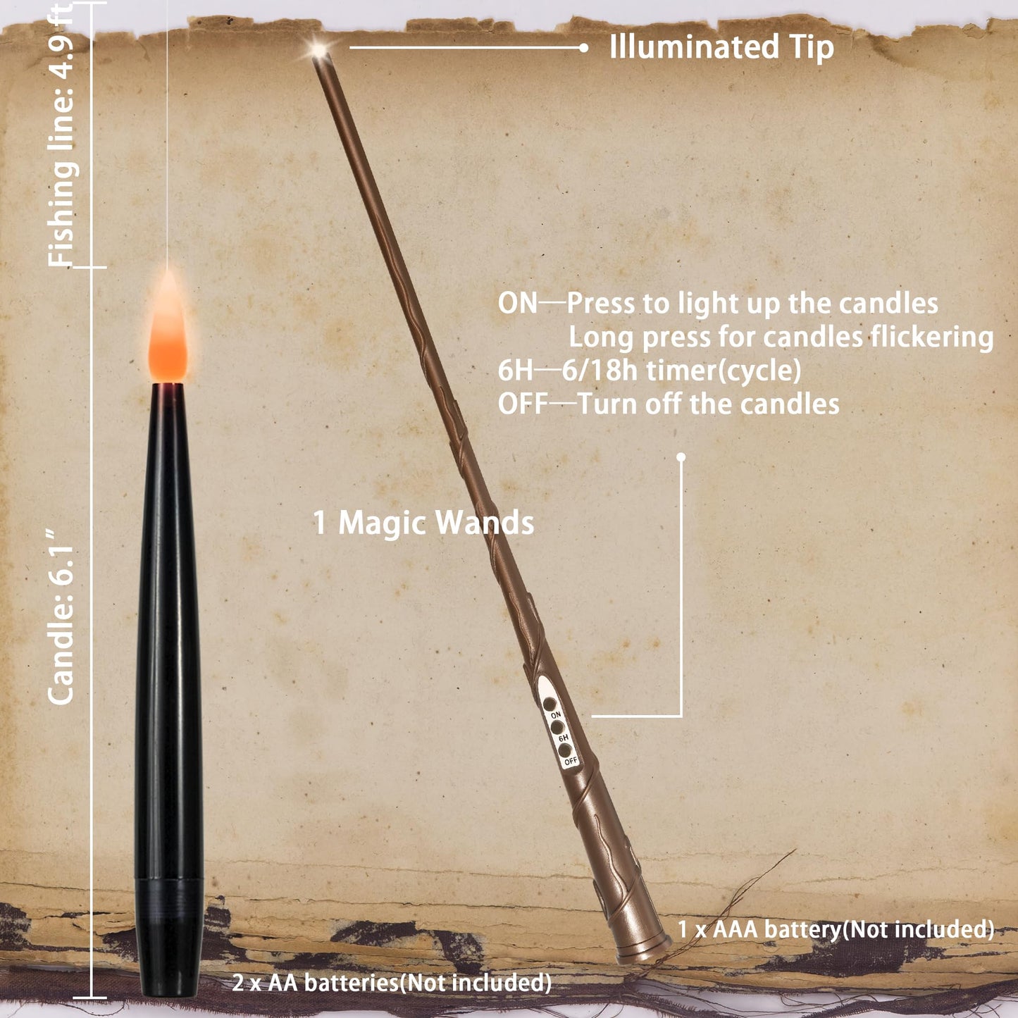 LUSHARBOR Floating Candles with Wand, Magic Halloween Decorations 10pcs Black Flameless Candles with Remote LED Battery Operated Candle for Halloween Decor Gift 6.1in