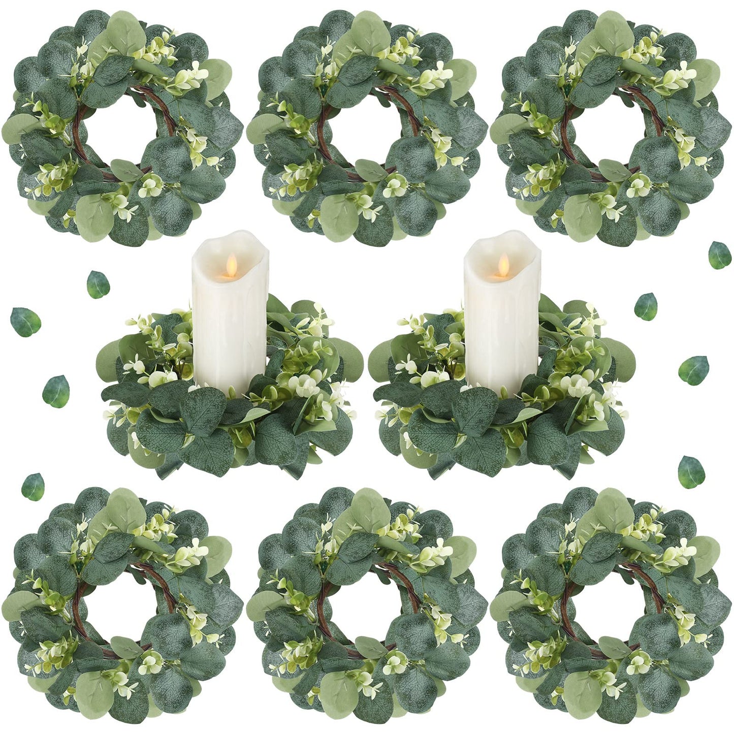 Waydress 8 Pcs Candle Rings Artificial Eucalyptus Leaves Candle Wreaths 10 Inch Boho Greenery Wreaths Rings for Pillars Candleholders for Wedding Party Home Table Door