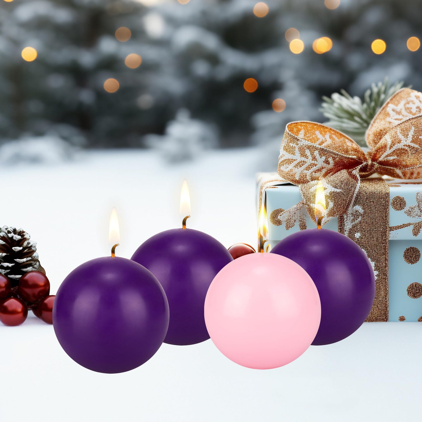 Mega Candles 4 pcs Unscented Christmas Advent Candles Set, Hand Poured Premium Wax Round Ball Candle 4 Inch Diameter, Holidays, Festivities, Devotional, Church, Wreath, Party, Gifts
