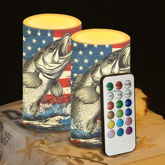 Luarisgur Summer Candles Battery Operated Flameless Candles with Remote and Timer Fish American Flag Electric Candles LED Flickering Candles for Home Farmhouse Room Bedroom Patriotic Decoration