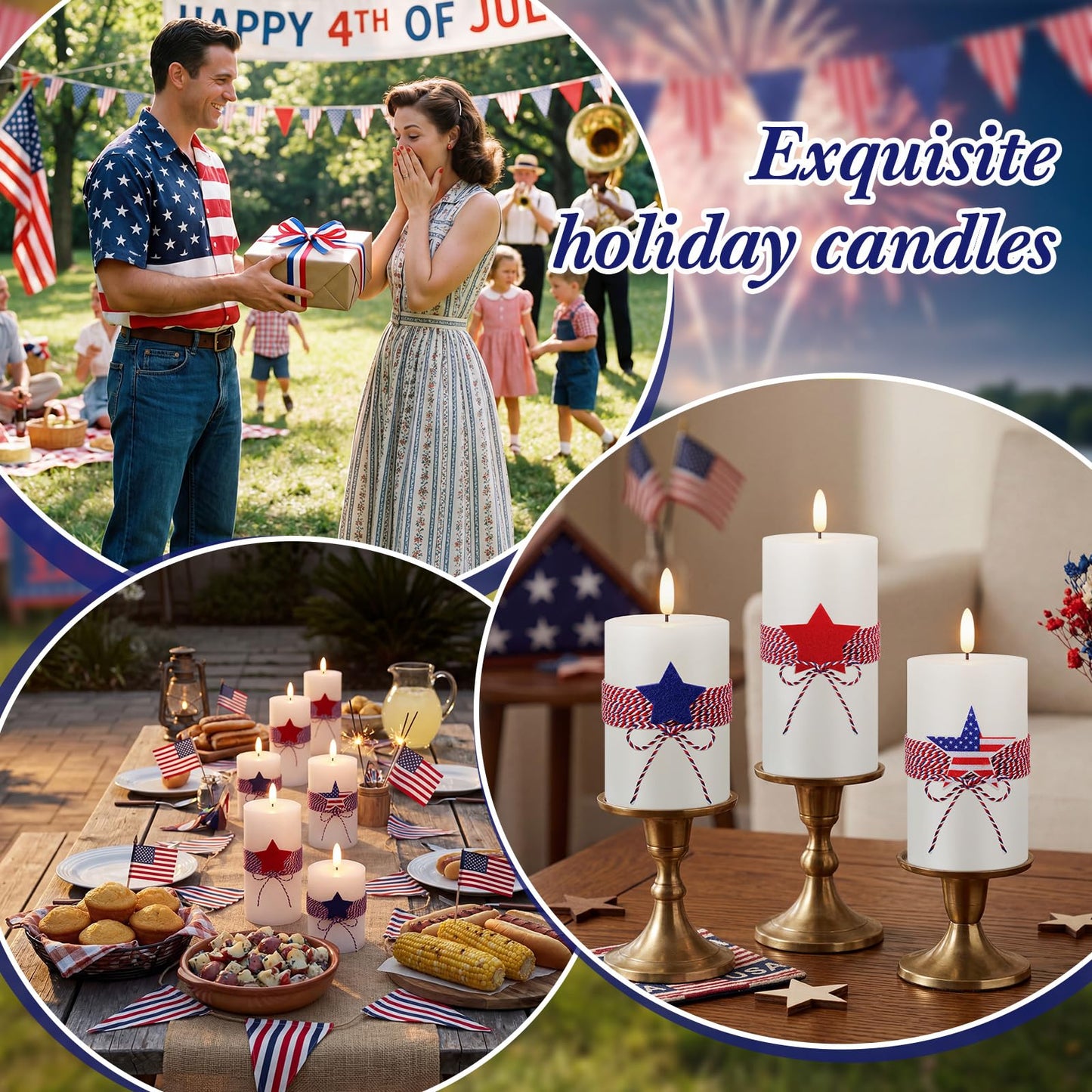 4th of July 4" 5" 6" Flameless Pillar Candles with Remote, Set of 3 Patriotic White Battery Operated LED Candle with Star Felt, Independence Day Decorations for Home Party Table Fireplace