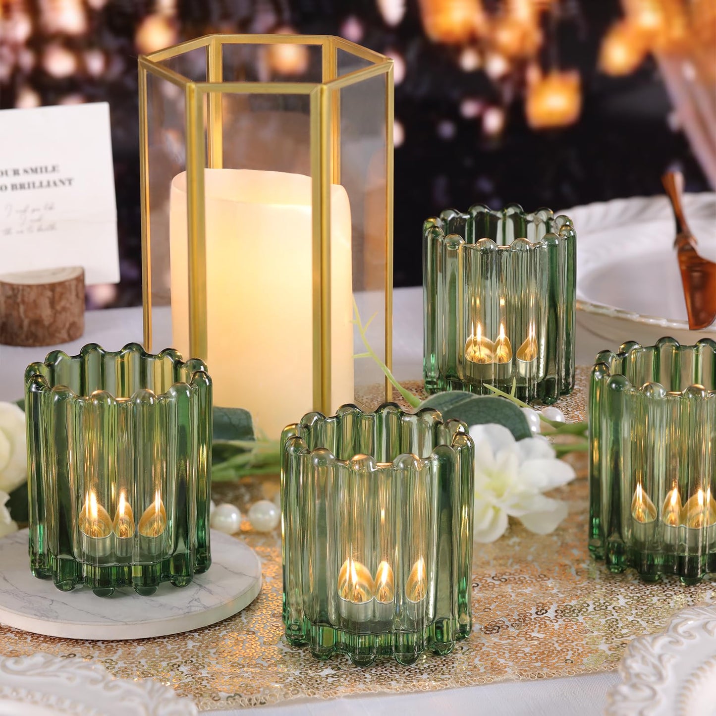 HAVITI Glass Green Votive Candle Holder, Ribbed Votive Candle Holders Set of 12, Tealight Candle Holder for Wedding Centerpieces Dinner Party Table Decor