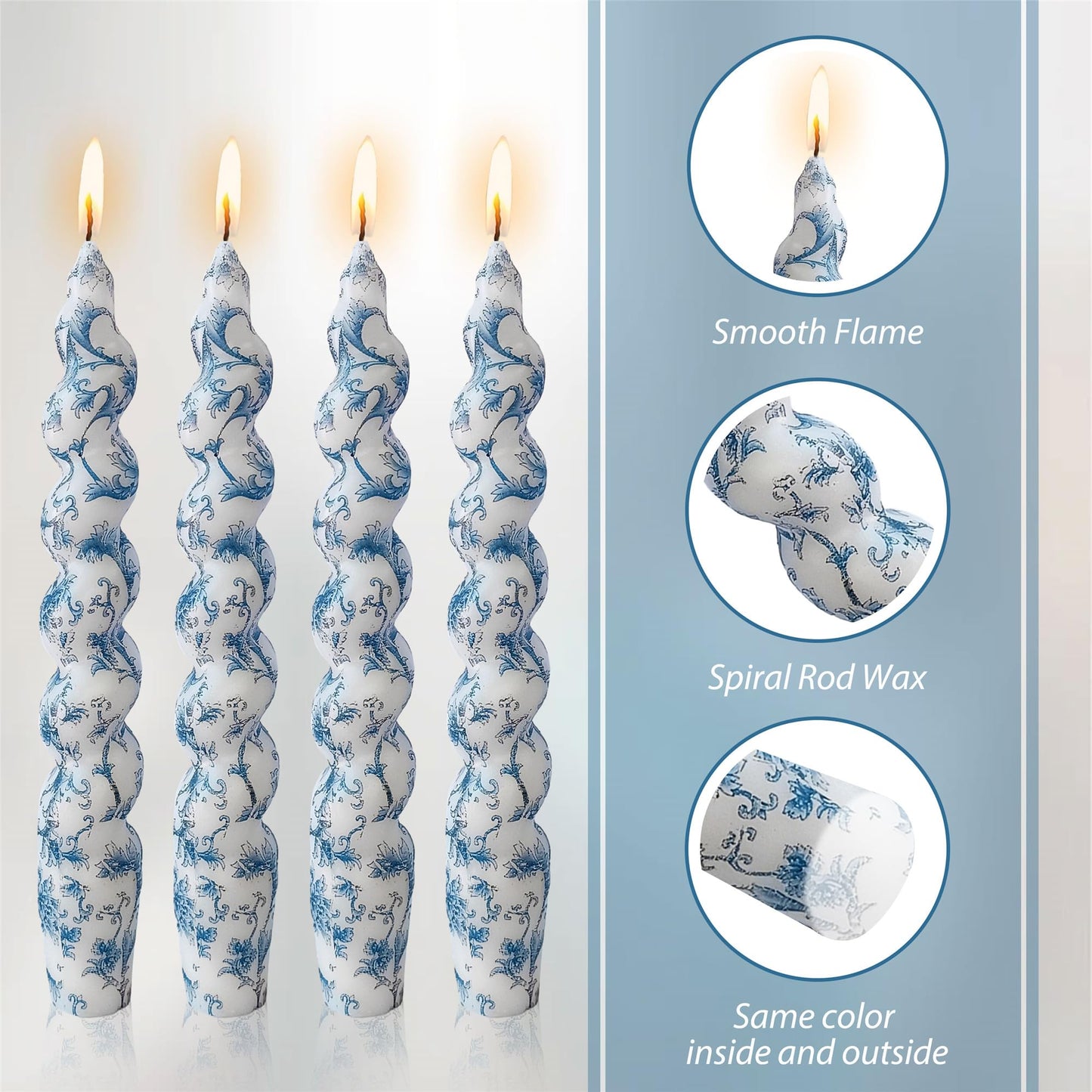 Gedengni Spiral Candle Sticks Printed Candlestick,Set of 4 Long Taper Candle Colorful Twisted Candlesticks 10 inches Blue Flower Tapered Candles for Home Wedding Women Gifts (2D4T-BLUFLW)