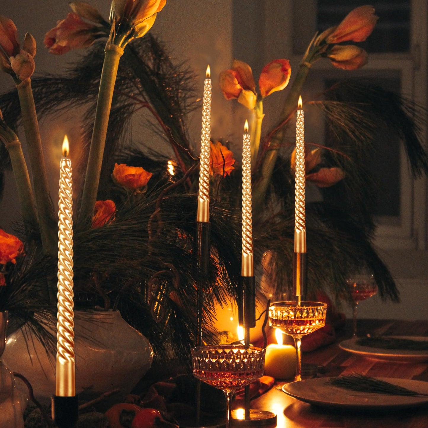 Kemladio 4 pcs 10 inch Taper Candles,Burning Unscented Tapered 7.5 hrs,Fancy Dinner,Tall Candle Sticks, Halloween Party Decorations (4pcs, Gold)