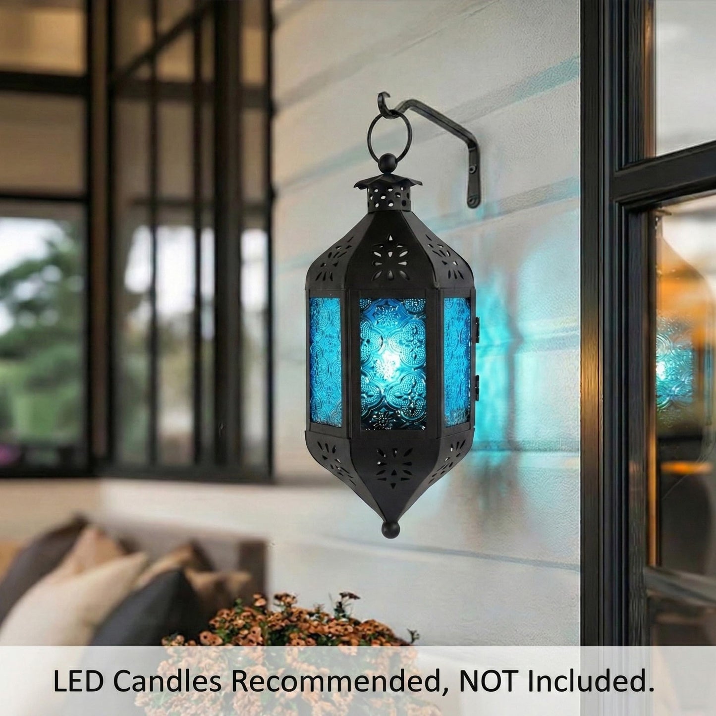 Vela Lanterns Hanging Moroccan Lamp - Exotic Decorative Patio & Porch Decor, Indoor Outdoor Tea Light Candle Lantern Holder with Chain (11" Medium, Blue Glass)