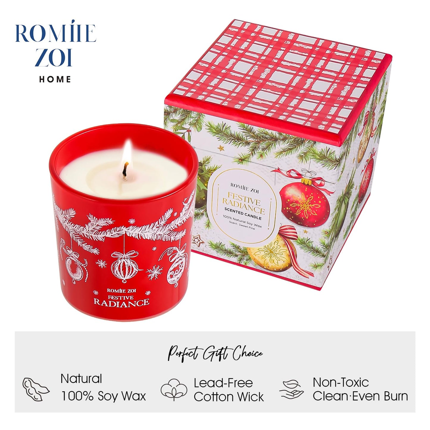 ROMIIE ZOI Christmas Scented Jar Candle - 6oz Soy Wax Candle - Festive Radiance Infused with Sweet Pine Aroma - with Beautiful Keepsake Box Special for Christmas/Holiday Gifts