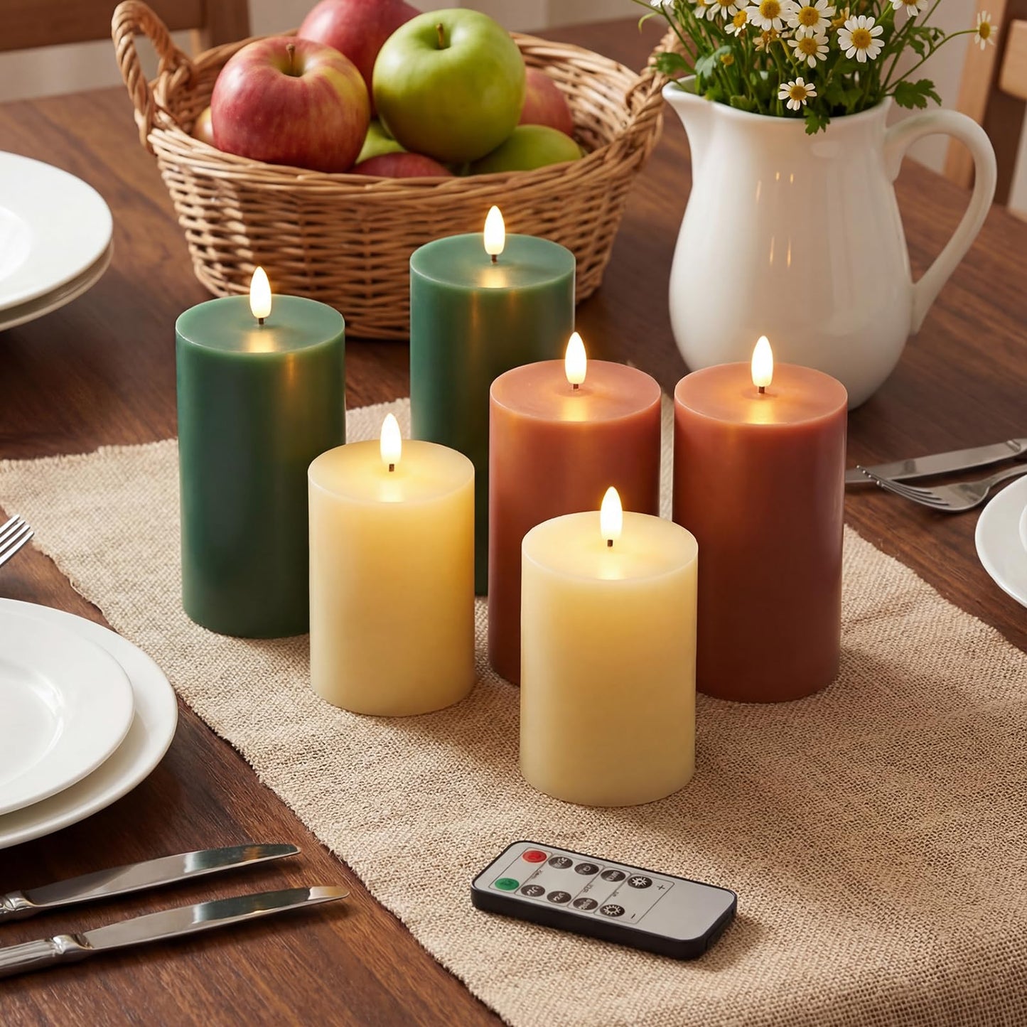 Grinsvalley 6 Pcs Flameless Candles Battery Operated LED Flickering Flameless Pillar Candles with Remote Real Wax Khaki Brown Green Table Decorations for Spring Wedding Home Decor