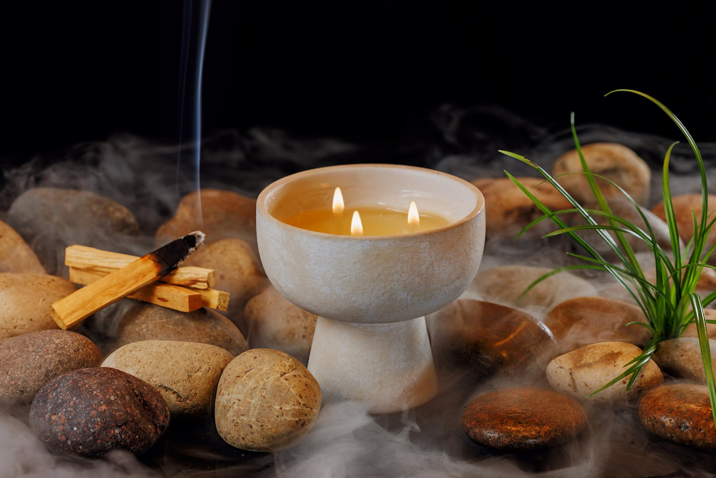 Blueme Spiritual Candle | Palo Santo & Vetiver | 3 Wick - Refillable Wellness Candle with Essential Oils, Hand Finished & Poured Soy Wax Blend Ceramic Vessel, Natural Cotton Wicks | Medium 12 oz