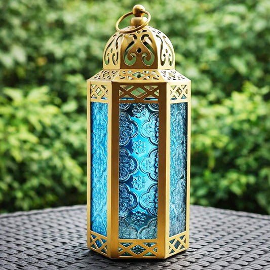 VELA LANTERNS 10.5" Gold Moroccan Candle Lantern Decorative Candle Holder Lamp for Table or Hanging, Ramadan Decorations, Indoor Home Decor, Outdoor Patio or Porch, Weddings, Blue Glass, Medium