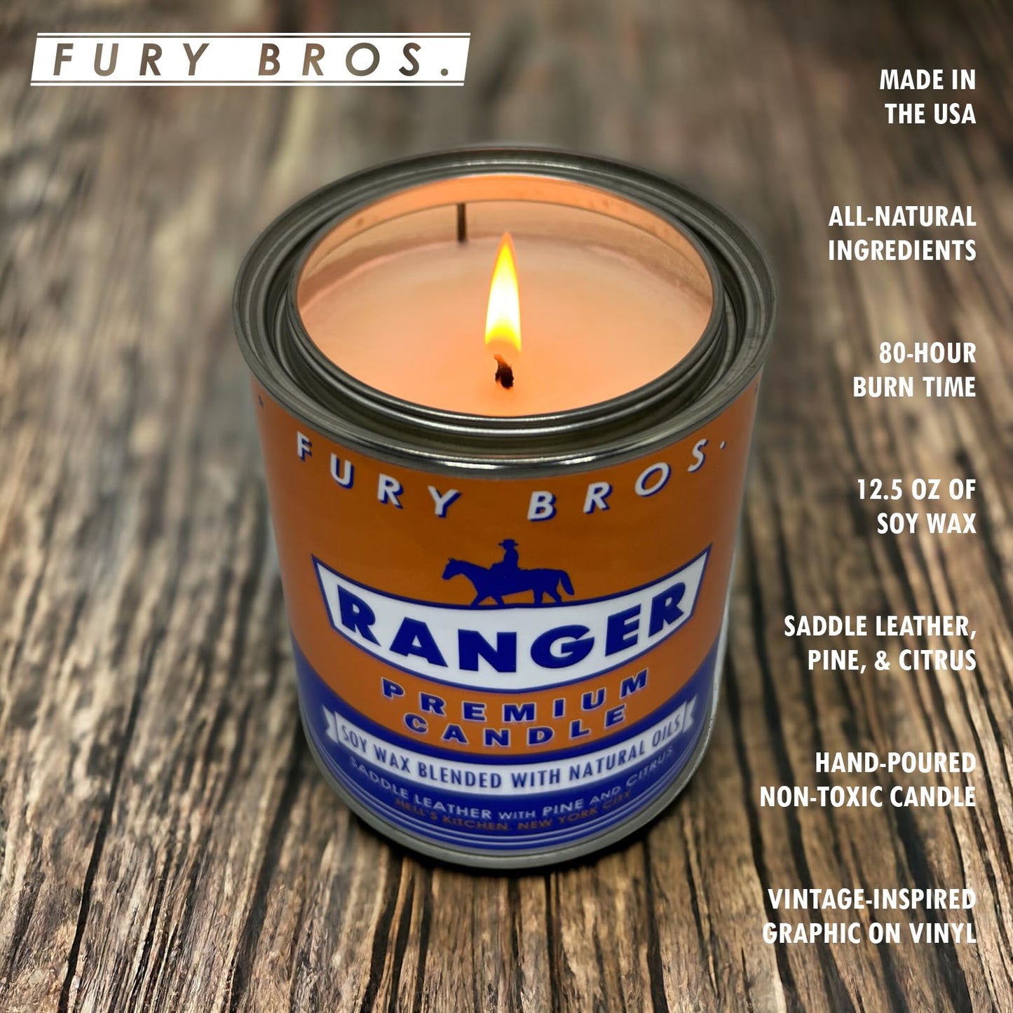 Fury Bros. Scented Candles for Men | Ranger | Saddle Leather Pine Citrus | Natural Soy Wax | Hand-Poured in the USA | Long 70-80 Hour Burn (12.5 oz) | Vintage-Inspired Tin Design | Dad Home Gift