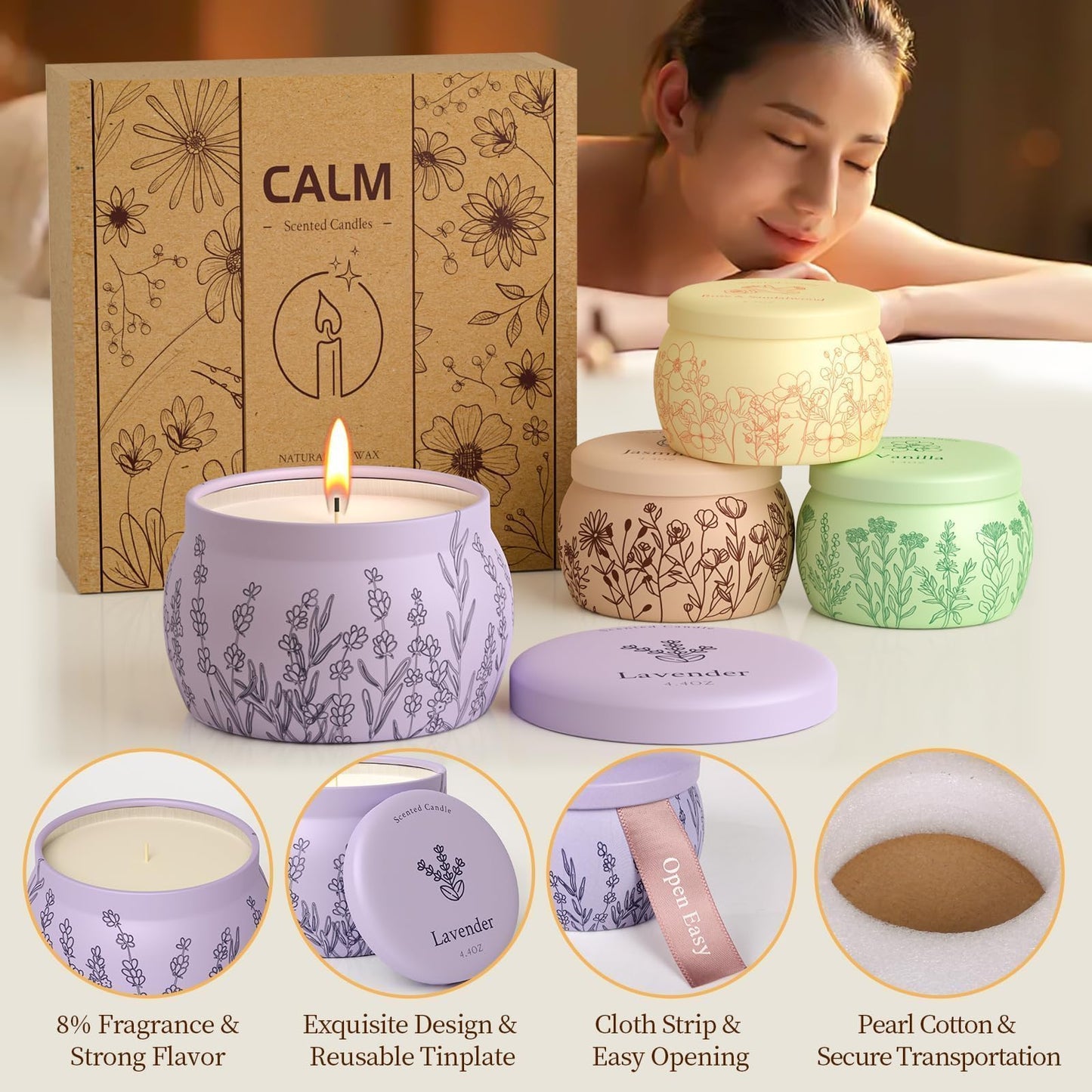Scented Candles for Mom, 17.6oz Romantic Jar Candles for Women Girl Candle Set, 120H Burning, Soy Candle for Home Scented, Mother's Day,Birthday,Lavender | Vanilla | Rose & Sandalwood | Jasmine -4Pack