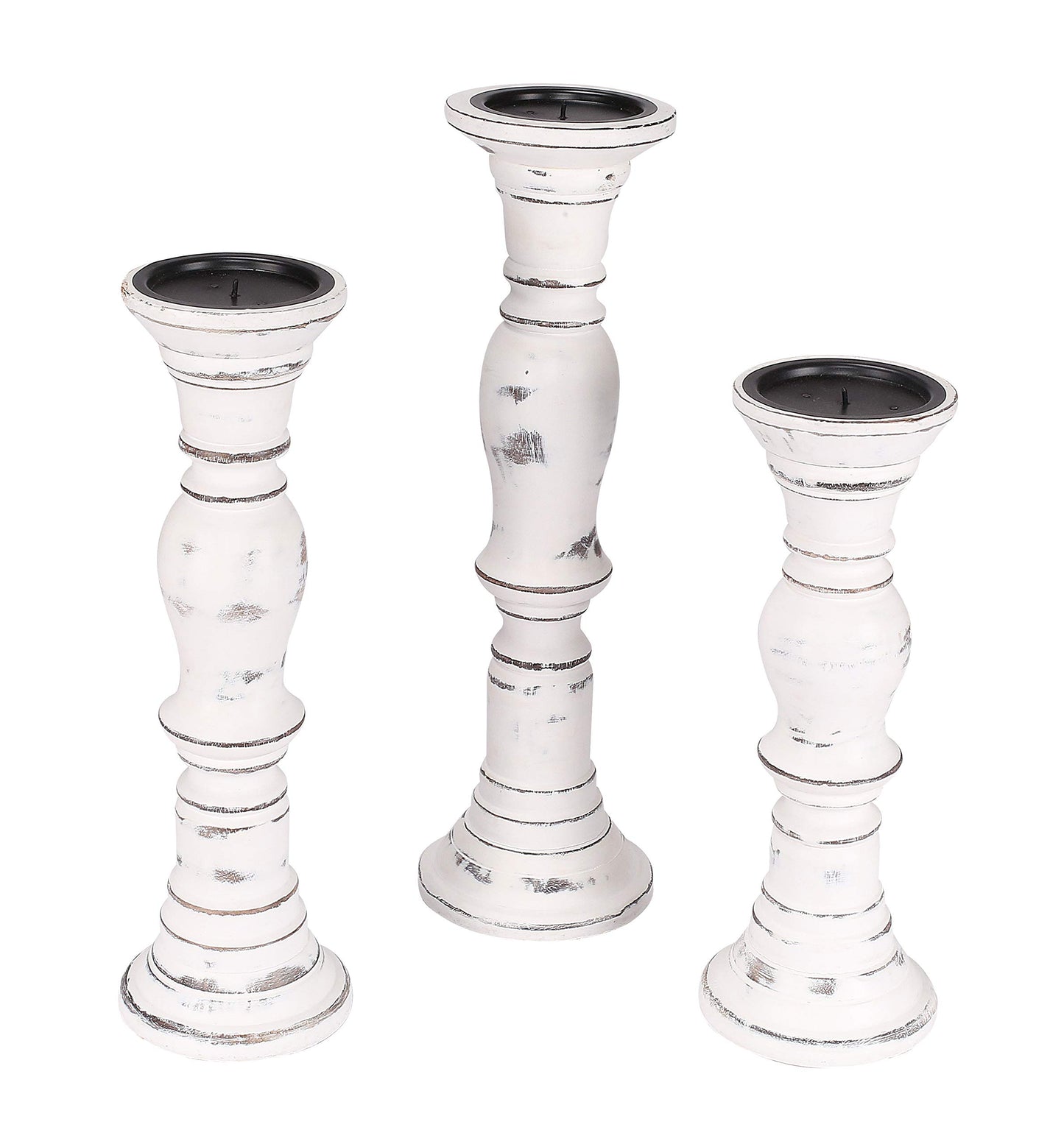 Candle Stands Wooden for Pillar Candles,Rounded Turned Colums, Sustainable Woods, Country Style, Idle for Reiki, Aromatherapy, Votive Candle Garden Home décor - 16,14,12 Inch Set of 3 - White Antique