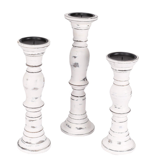 Candle Stands Wooden for Pillar Candles,Rounded Turned Colums, Sustainable Woods, Country Style, Idle for Reiki, Aromatherapy, Votive Candle Garden Home décor - 16,14,12 Inch Set of 3 - White Antique