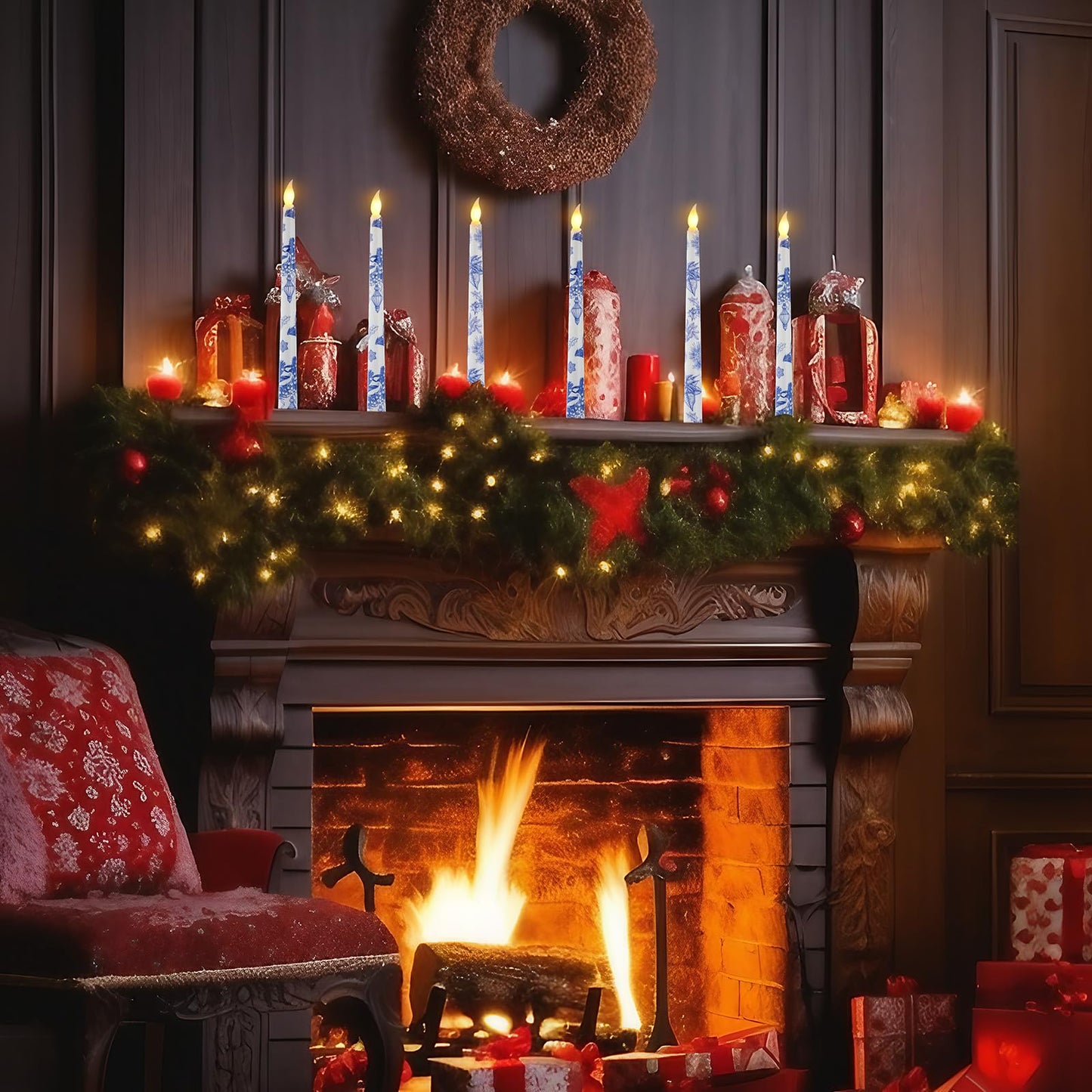 Kittmip 6 Pcs Christmas Blue White Flameless Taper Candles 11 Inch Chinoiserie Battery Operated LED Candlestick Holly Mistletoe Floral Table Centerpiece for Xmas Winter Holiday Party Decoration