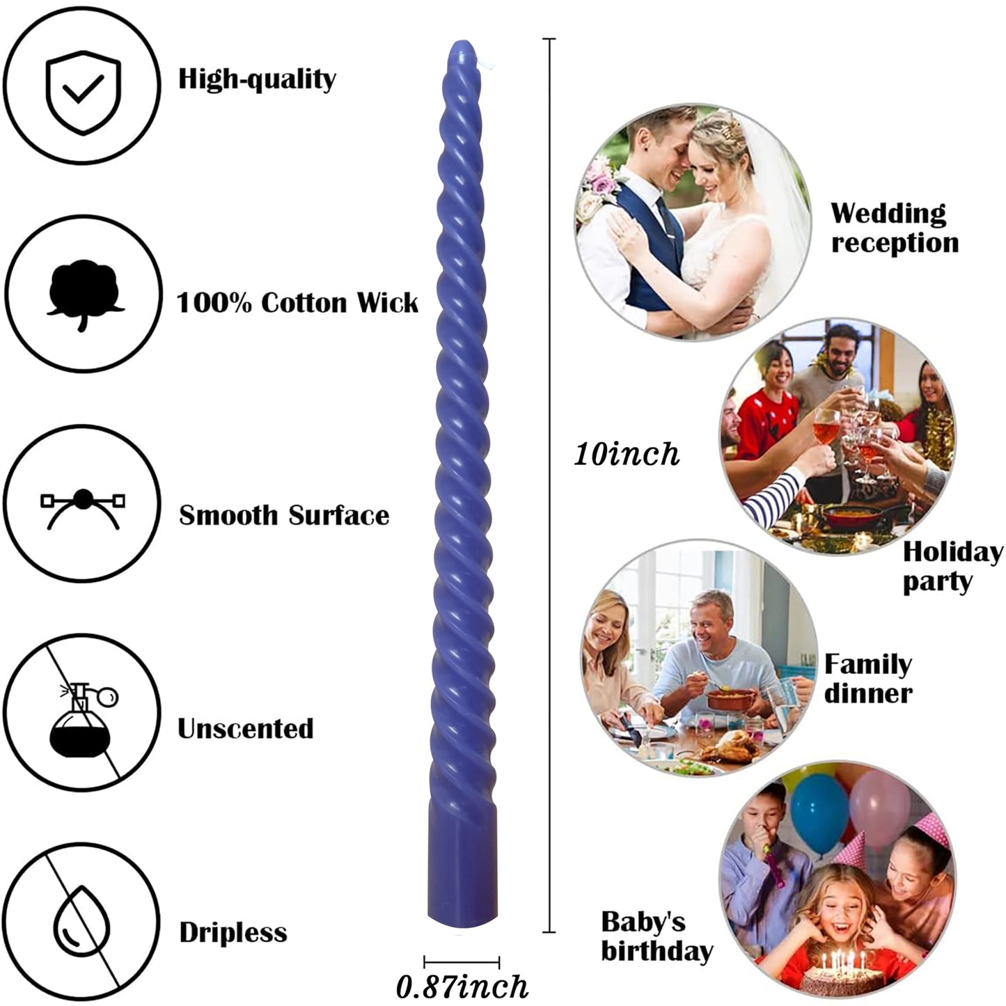 8 Pack 10 Inch Future Dusk Spiral Taper Candle Set, 7/8 Inch Unscented Driples Candlesticks for Home Decoration, 6-7 Hours Burn