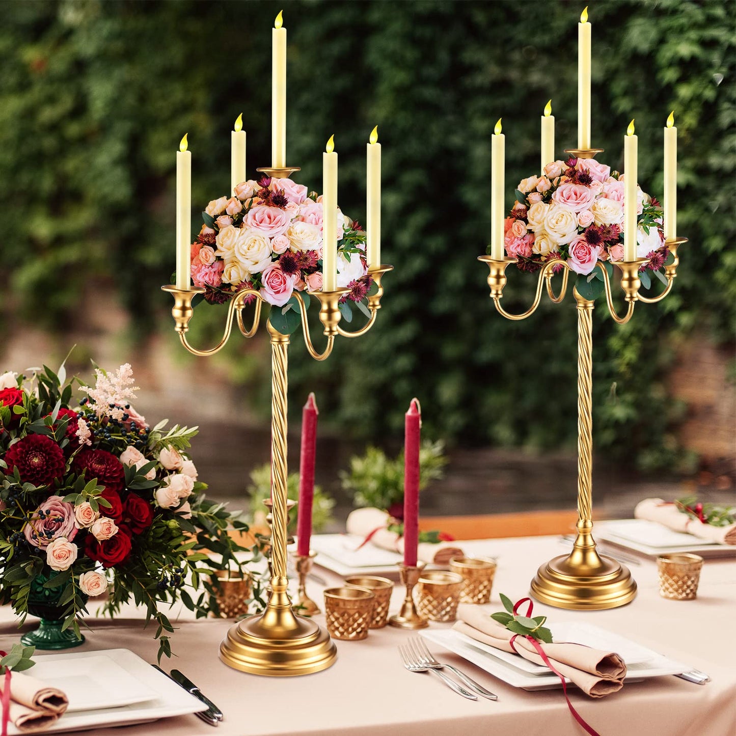 Tanlade 6 Pack Gold Candelabra Centerpieces for Tables, 21 Inch 5 Arm Metal Taper Candle Holders, Wedding Reception Table Flower Candlestick Decor for Banquet Anniversary Birthday Holiday Party