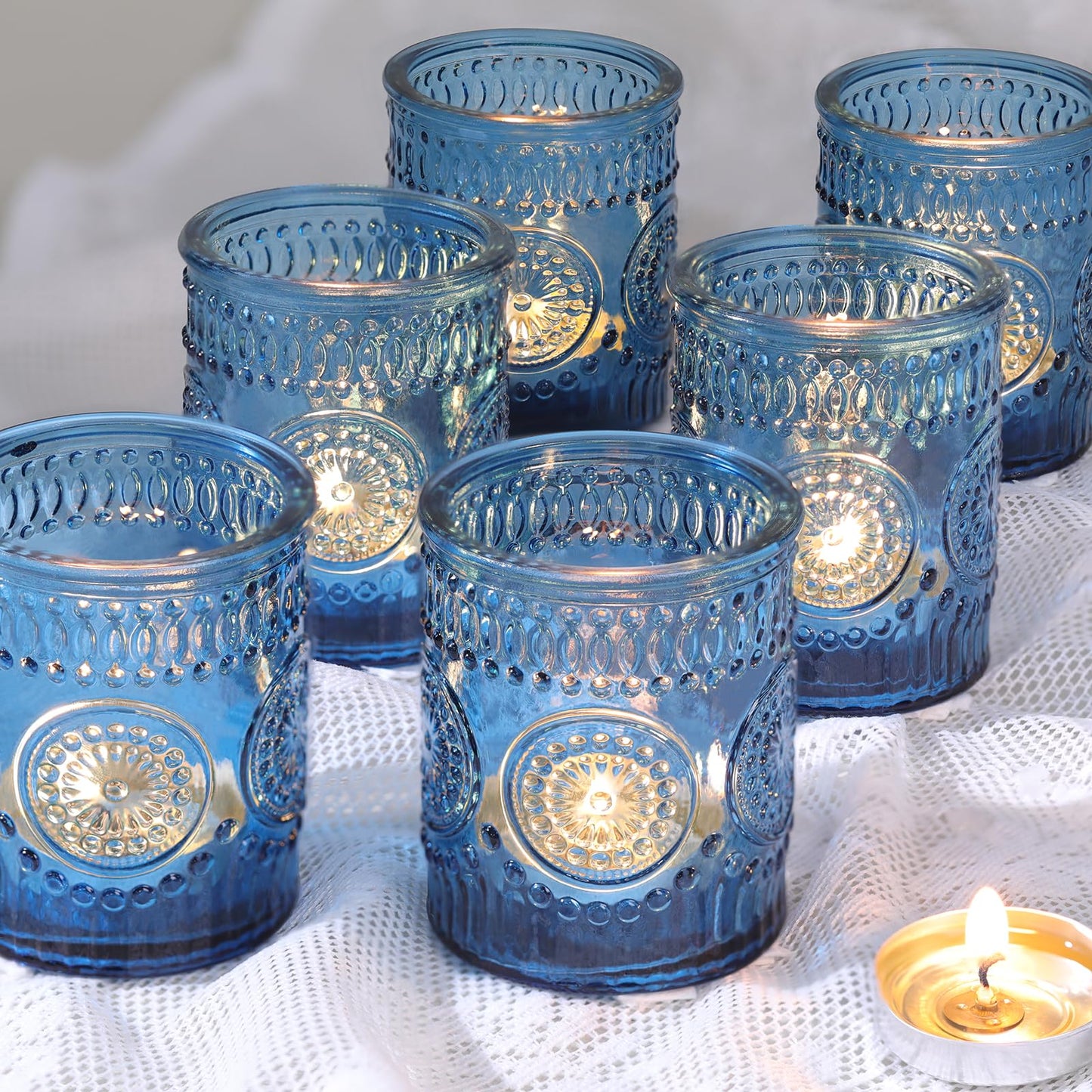 Lanttu Blue Votive Candle Holder Set of 12, Glass Tea Lights Candle Holders for Wedding Table Centerpieces, Birthday Parties, Home Decor and Holiday Decor