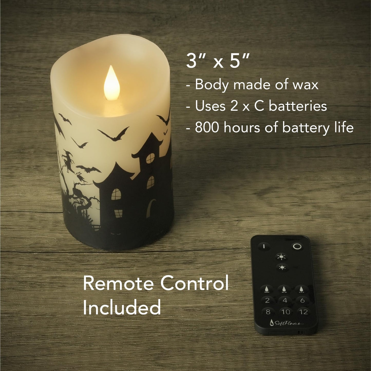 Softflame Halloween Flameless LED Candles with Remote Control, 3"x 5"Battery Operated Pillar Real Wax with Timer for Halloween Decorations, Ghost House Candle