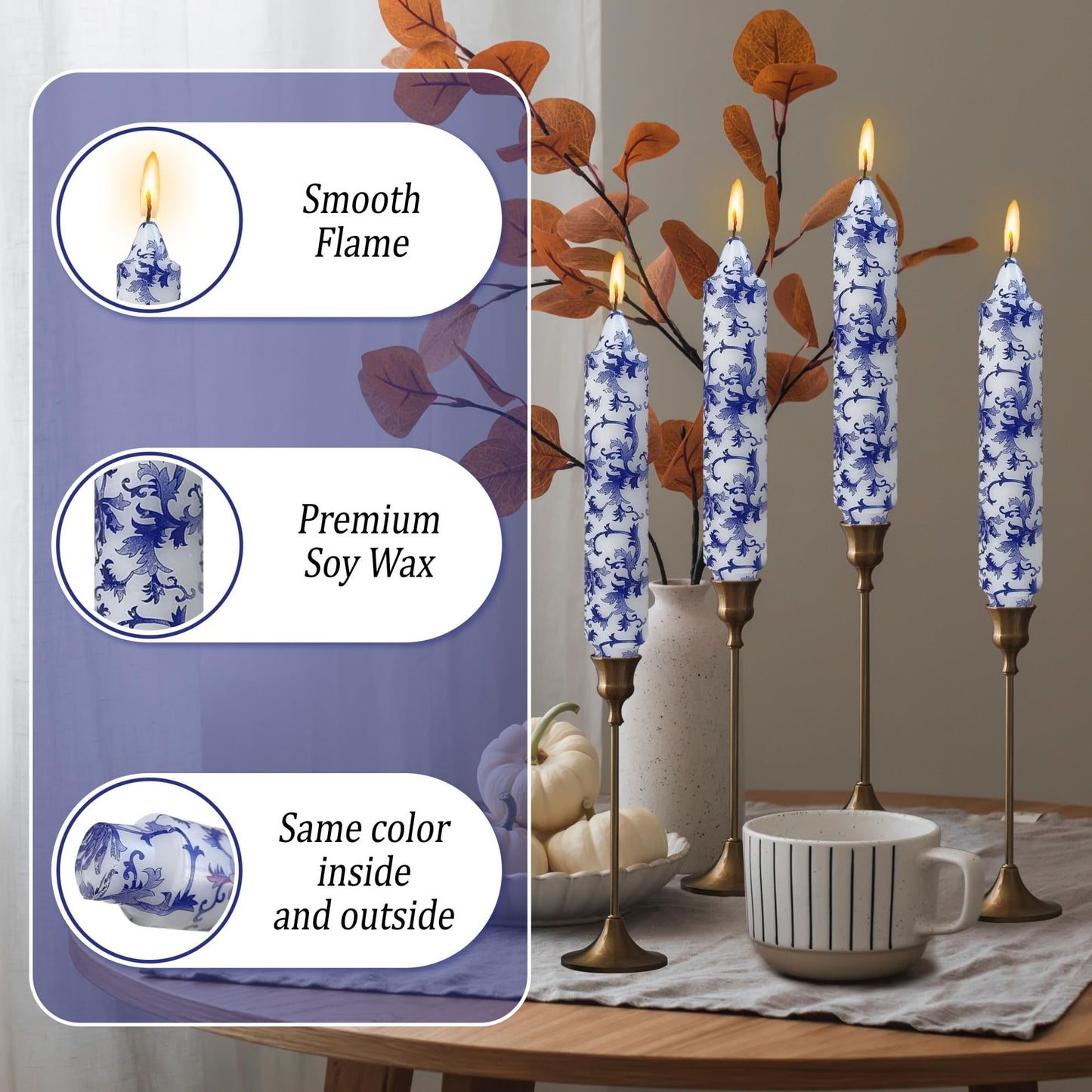 Floral Taper Candles 7inch Unscented Long Chinoiserie Candlesticks Marble Handmade Dripless Candle Sticks for Emergency, Wedding, Home Décor Festive Seasons Holiday 4pcs