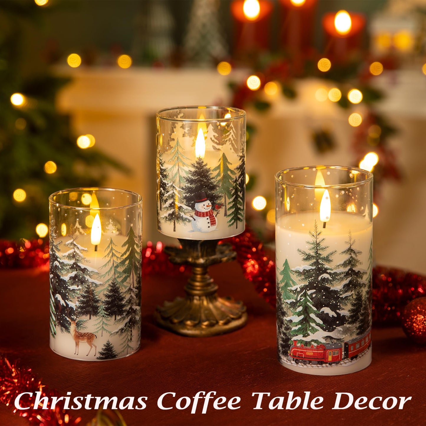 LUSHARBOR LUSHABOR Christmas Flameless Candles, 3 Pack Battery Operated Candles for Christmas Mantel Decor, Glass LED Flickering Candles Home Xmas Party Holiday D3 H4 5" 6", Trees