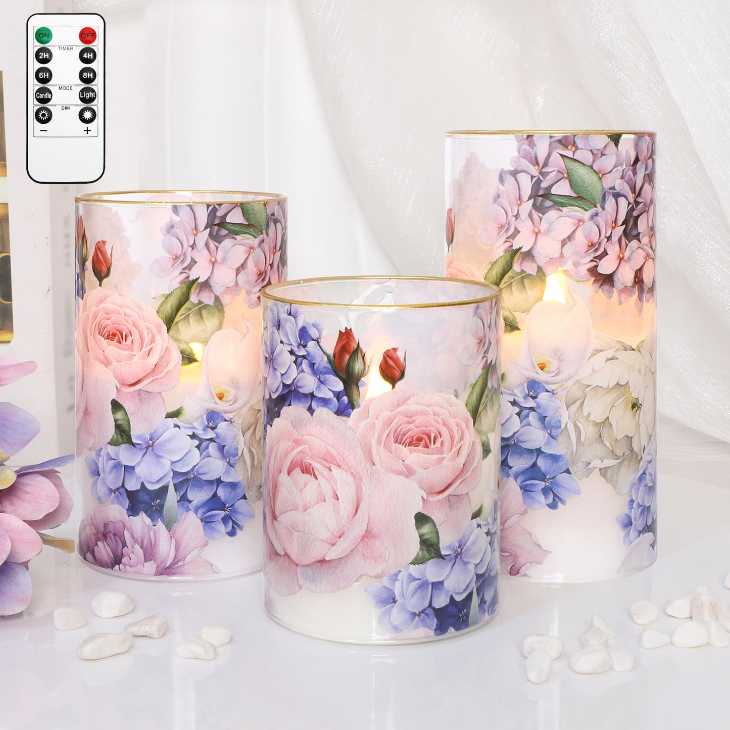 Silverstro Hydrangea Rose Flameless Candles with Remote Control & Timer Function - Real Wax Glass Battery Operated Candles - Home Farmhouse Holiday Christmas Valentine's Day Decorations - Set of 3