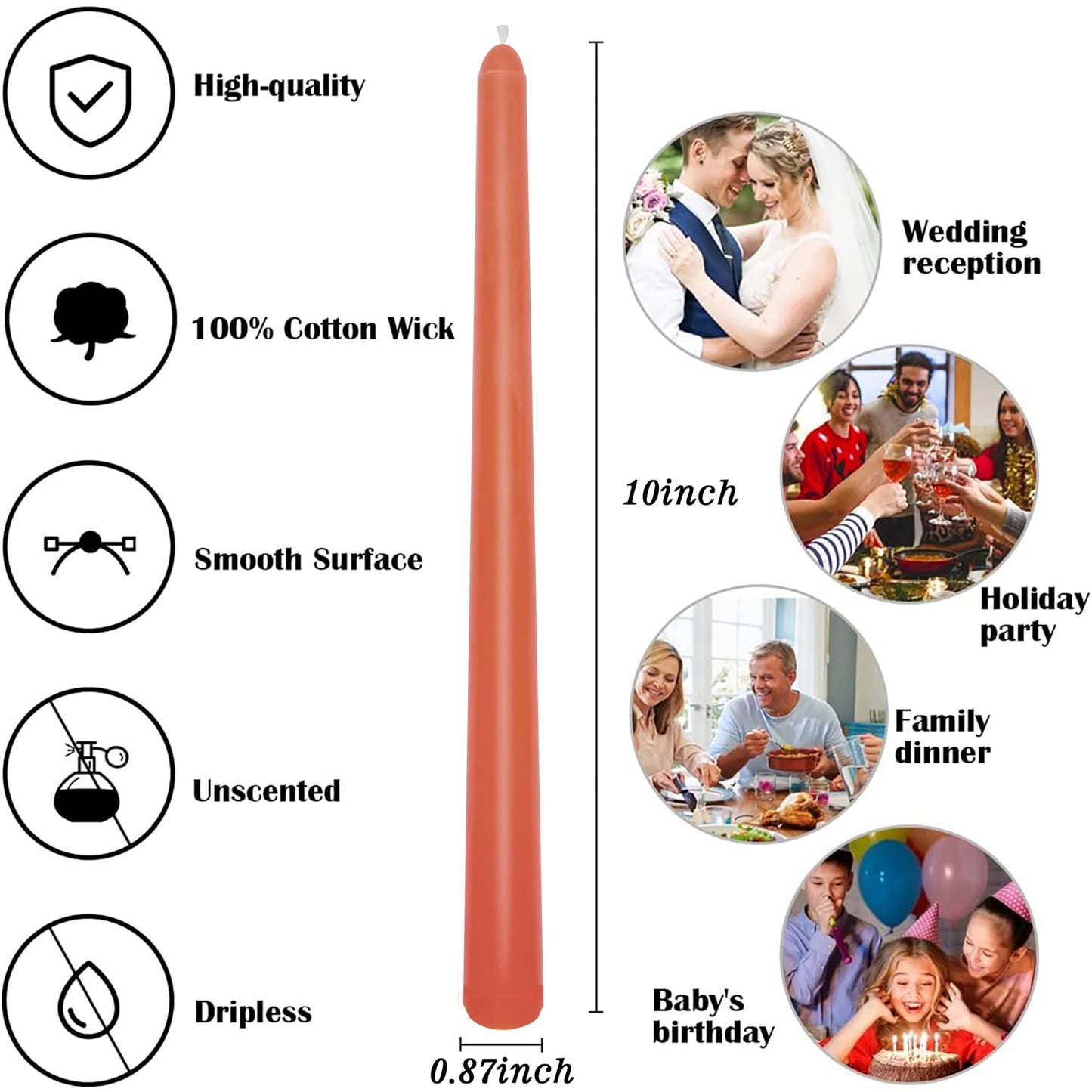 8 Pack 10 Inch Burnt-Orange Smooth Taper Candle Set, 7/8 Inch Unscented Driples Candlesticks for Home Decoration, 6-7 Hours Burn