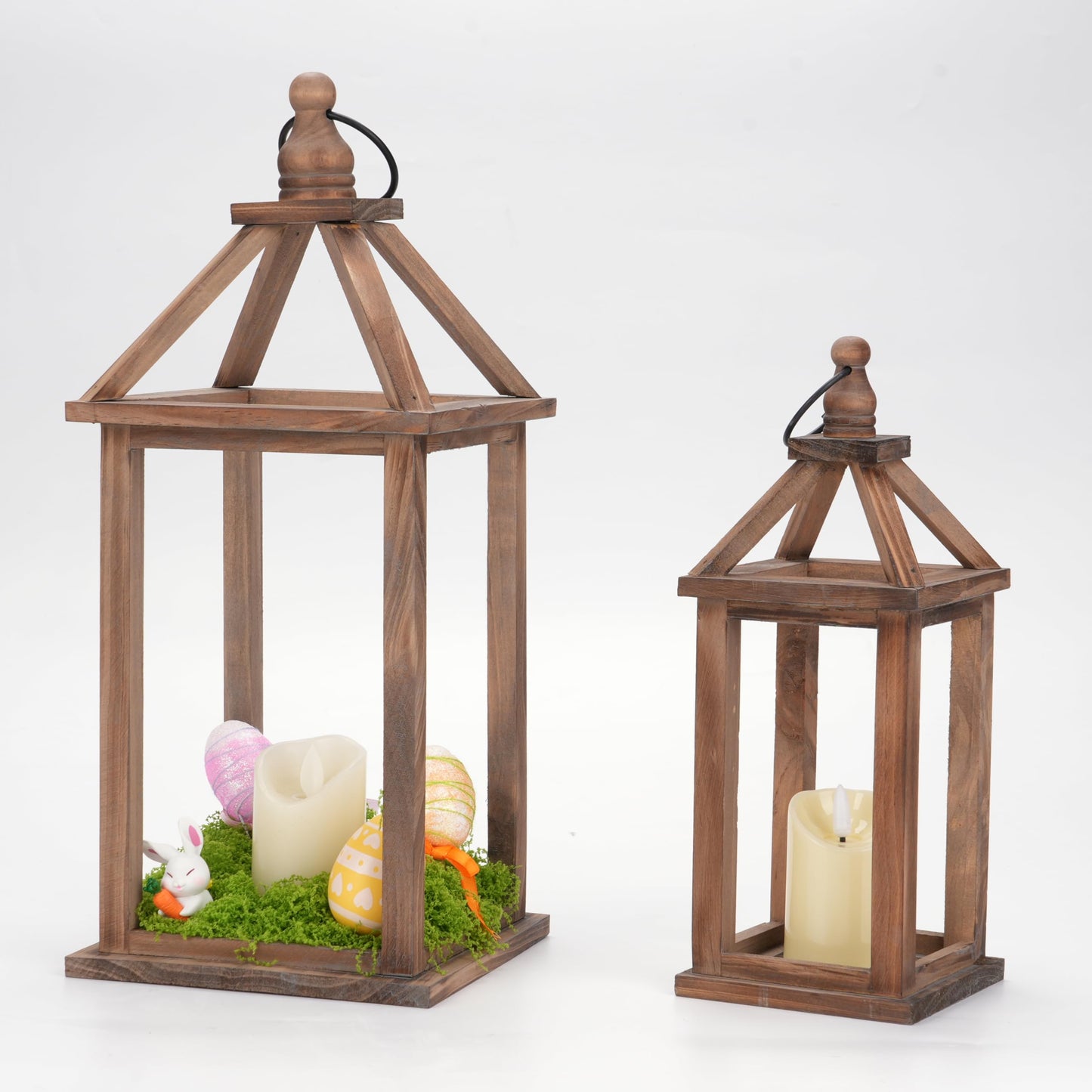 Romadedi Farmhouse Wood Candle Lantern - 12" / 16" Set of 2 Rustic Wooden Lanterns Decorative Candle Holder Home Decor Wedding Table Centerpiece Indoor Outdoor Fireplace Decorations, Brown