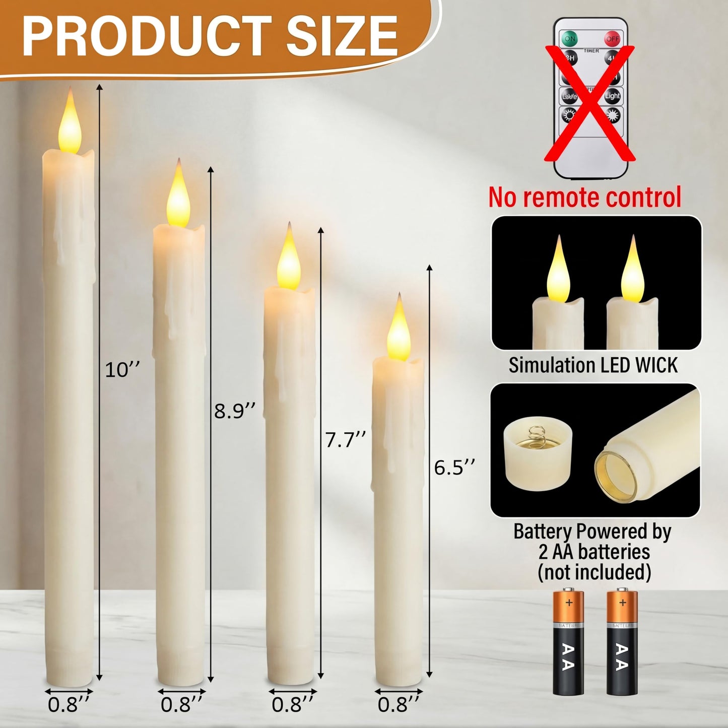 Baquler 48 Pcs 6.5/7.5/8.8/10 Inch Ivory Flameless Taper Candles LED Candle Sticks Battery Operated Flickering LED Candlestick Window Plastic Candle for Wedding Halloween Christmas Decor(No Battery)