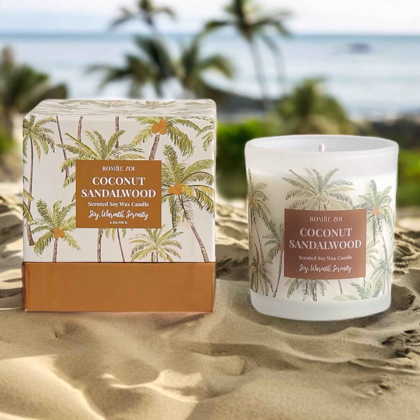 ROMIIE ZOI Coconut & Sandalwood Scented Candle - 6oz Soy Wax Candle for Home Scented, Stress Relief Candle Gifts for Women/Men