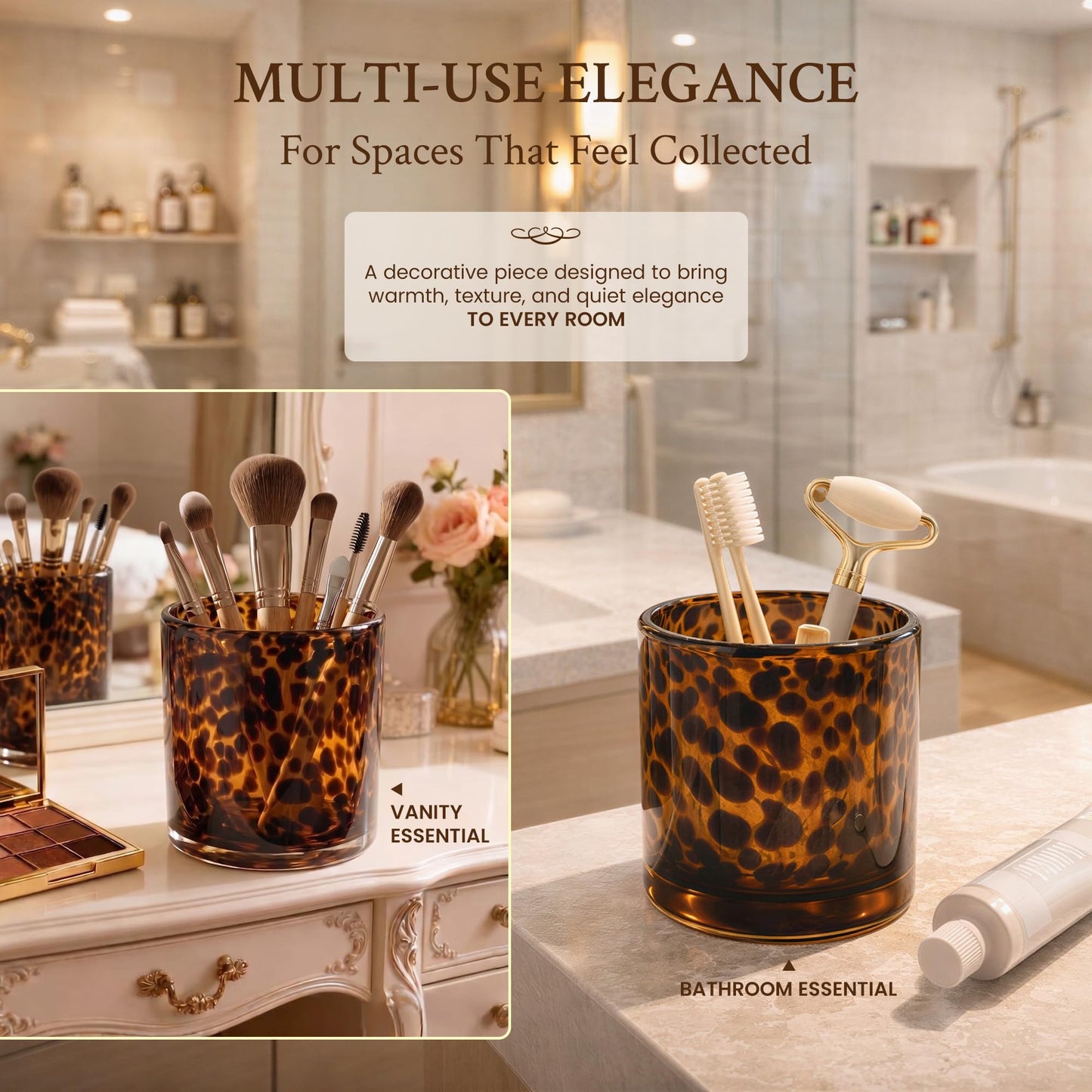 Tortoise Shell Candle Holder | Large Size 4.7" | Cheetah & Leopard Print Candle Holder | Large Amber Glass Votive for Vanity | Animal Pattern Glass Decor | Tea Light, Jar Candle & Vanity Accent
