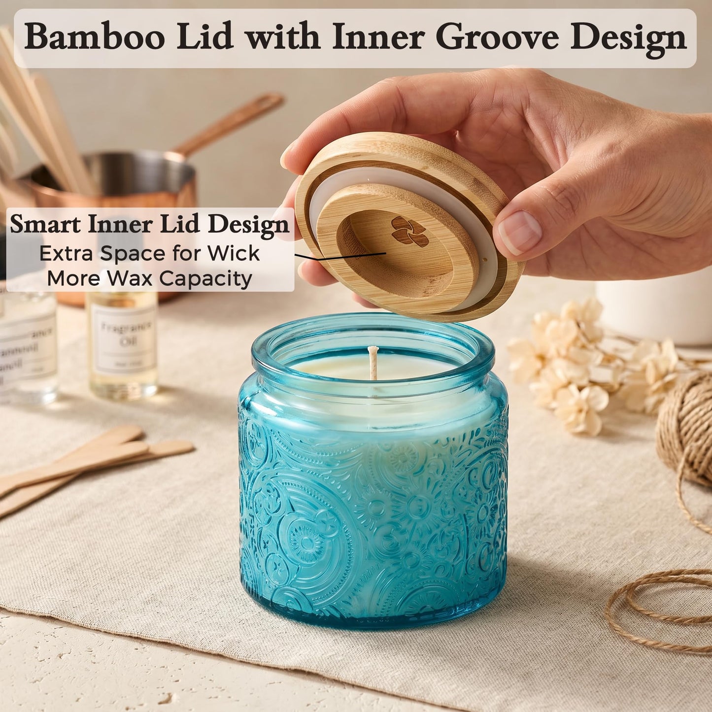 10 oz Embossed Glass Candle Container with Bamboo Lids and Labels, Clear Candle Jars for Making Candles, Sun Moon Stars Design - Pack of 9 (Blue)