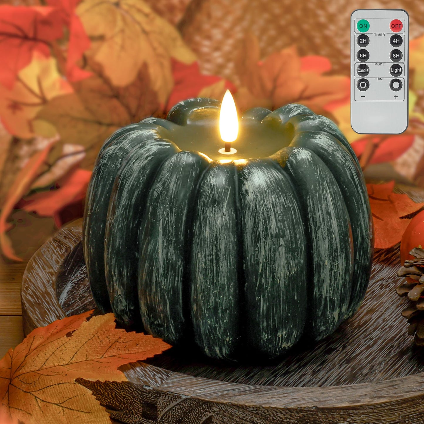 JOIONE Fall Flameless Led Pumpkin Candles with Remote, Real Wax Pumpkin Shaped Battery Operated Flickering Candles with Timer for Thanksgiving Decor, Fall Harvest Decor, Halloween Decorations, Green